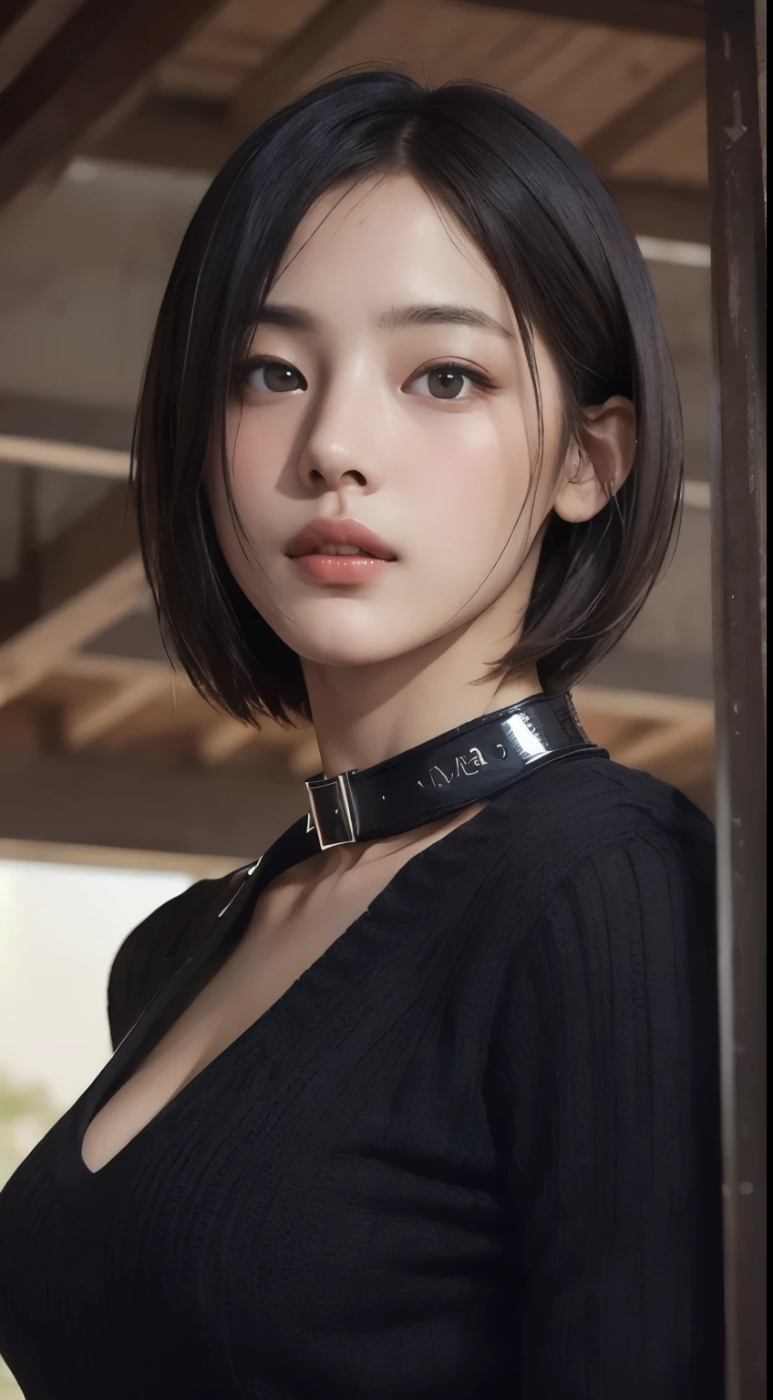 realistic, table top, highest quality, RAW photo, 1 girl, alone, handsome short hair, detailed face, fascinating face, black shirt with collar, medium breasts, dynamic pose, looking at the viewer, from below, detailed background, Detailed, intricate details, ray tracing, Depth of the bounds written, low key, nffsw