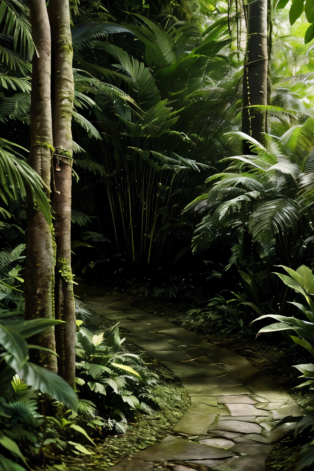 Ultra-realistic, immersive video experience, standing beneath a lush rainforest canopy during a gentle rainfall, towering trees with intricate bark textures and vibrant green foliage, canopy overhead teeming with life, raindrops falling rhythmically onto leaves creating a mesmerizing soundscape, ambient sounds of the rainforest, such as chirping birds and distant animal calls, soothing background noise for relaxation or study sessions, 4k resolution, high-definition graphics, hyper-realistic rendering, cinematic quality, post-processing for enhanced color and contrast, impeccable attention to detail in every element, engaging and authentic sensory experience.