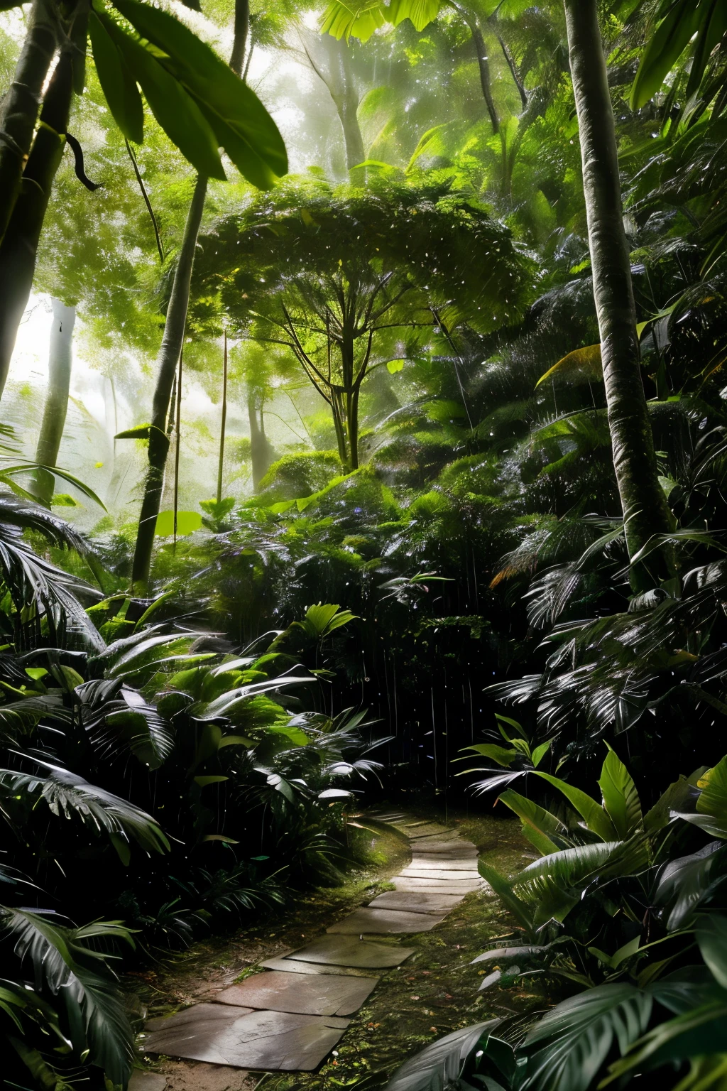 Ultra-realistic, immersive video experience, standing beneath a lush rainforest canopy during a gentle rainfall, towering trees with intricate bark textures and vibrant green foliage, canopy overhead teeming with life, raindrops falling rhythmically onto leaves creating a mesmerizing soundscape, ambient sounds of the rainforest, such as chirping birds and distant animal calls, soothing background noise for relaxation or study sessions, 4k resolution, high-definition graphics, hyper-realistic rendering, cinematic quality, post-processing for enhanced color and contrast, impeccable attention to detail in every element, engaging and authentic sensory experience.