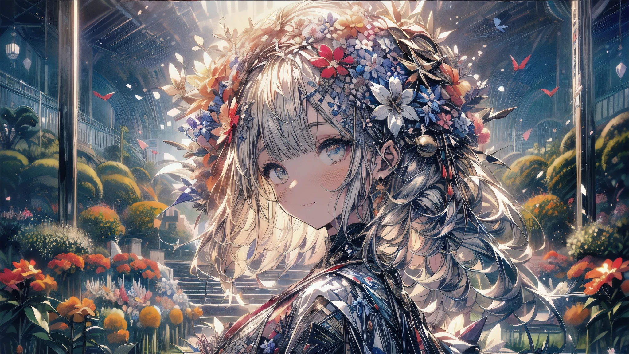 absurdos, high resolution, (arte oficial, hermoso y estetico:1.2), (vista cercana:1.2), Frontal composition,
1 chica, (pelo largo:1.2), pelo canoso, pelo ondulado, sonrisa,
(throughout the flower garden:1.6), (efectos florales:1.2), (fondo floral:1.2), (Fondo lleno de flores:1.4), (Fondo llamativo:1.1),