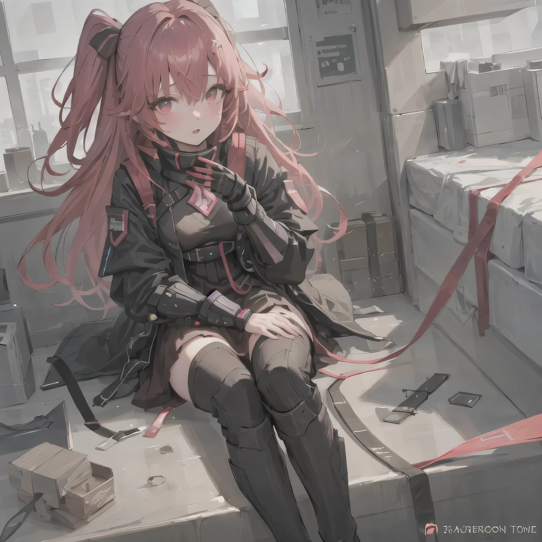 Do not draw the outline in black Pale watercolor Fume Lack of eye power being thin slim figure Tall Pink longhair Twin-tailed