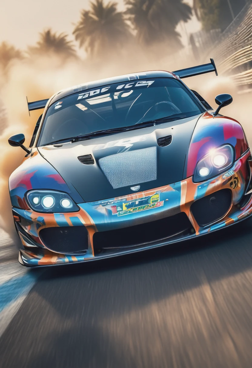 A racing car,(best quality,4k,8k,highres,masterpiece:1.2),ultra-detailed,(realistic,photorealistic,photo-realistic:1.37),vivid colors,sharp focus,studio lighting,bokeh,fast speed,curves,smoke,shiny metal,spoiler,carbon fiber body,engine roaring,checkered flag,adrenaline rush,thrilling race,perfect driving skills,high-octane fuel,fast and furious,race track,precision steering,aggressive acceleration,exciting overtakes,skid marks,full throttle,professional driver,action-packed,heart-pounding,high-performance vehicle,ferocious competition,dynamic motion,final lap.