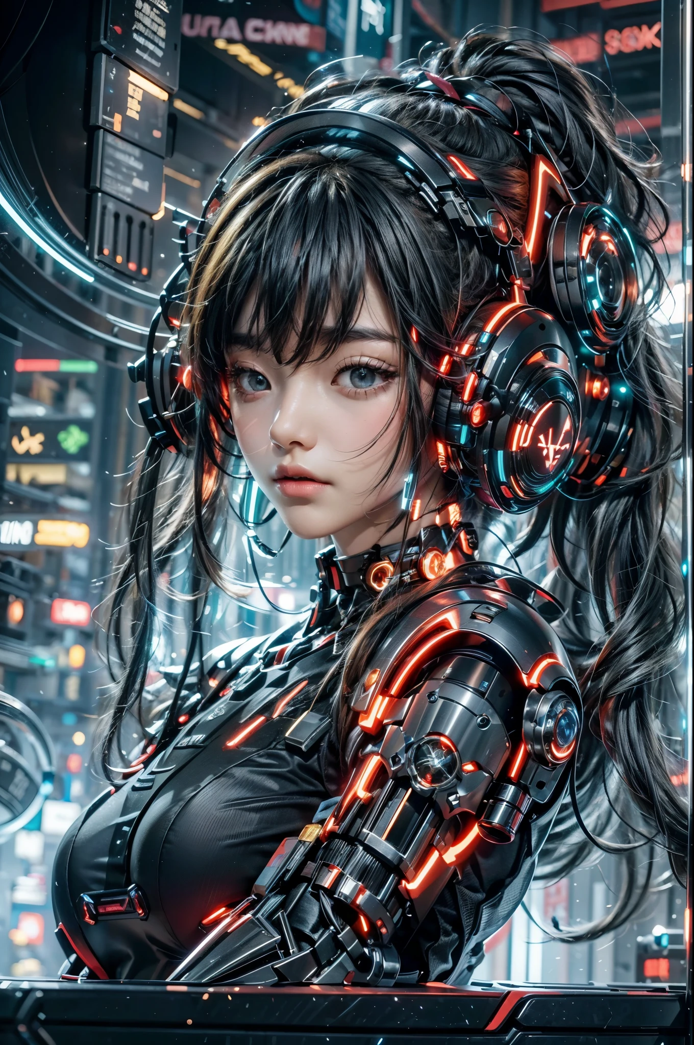 best quality,masterpiece,16K,1 girl,cyberpunk,Luminous headphones,Mechanical jewelry fragments,technical background,Frontal close-up,Pistol-like earpiece mechanical structure,multi-light headphones,Headphones with ultra-complex mechanical structure,Multi-light neck protection,Glows red,Weirdly shaped mechanical headphones,Super complex mechanical headphones,Mechanical armor,Multiple light source points throughout the body,city background,Multiple light source background,skyscrapers,night
