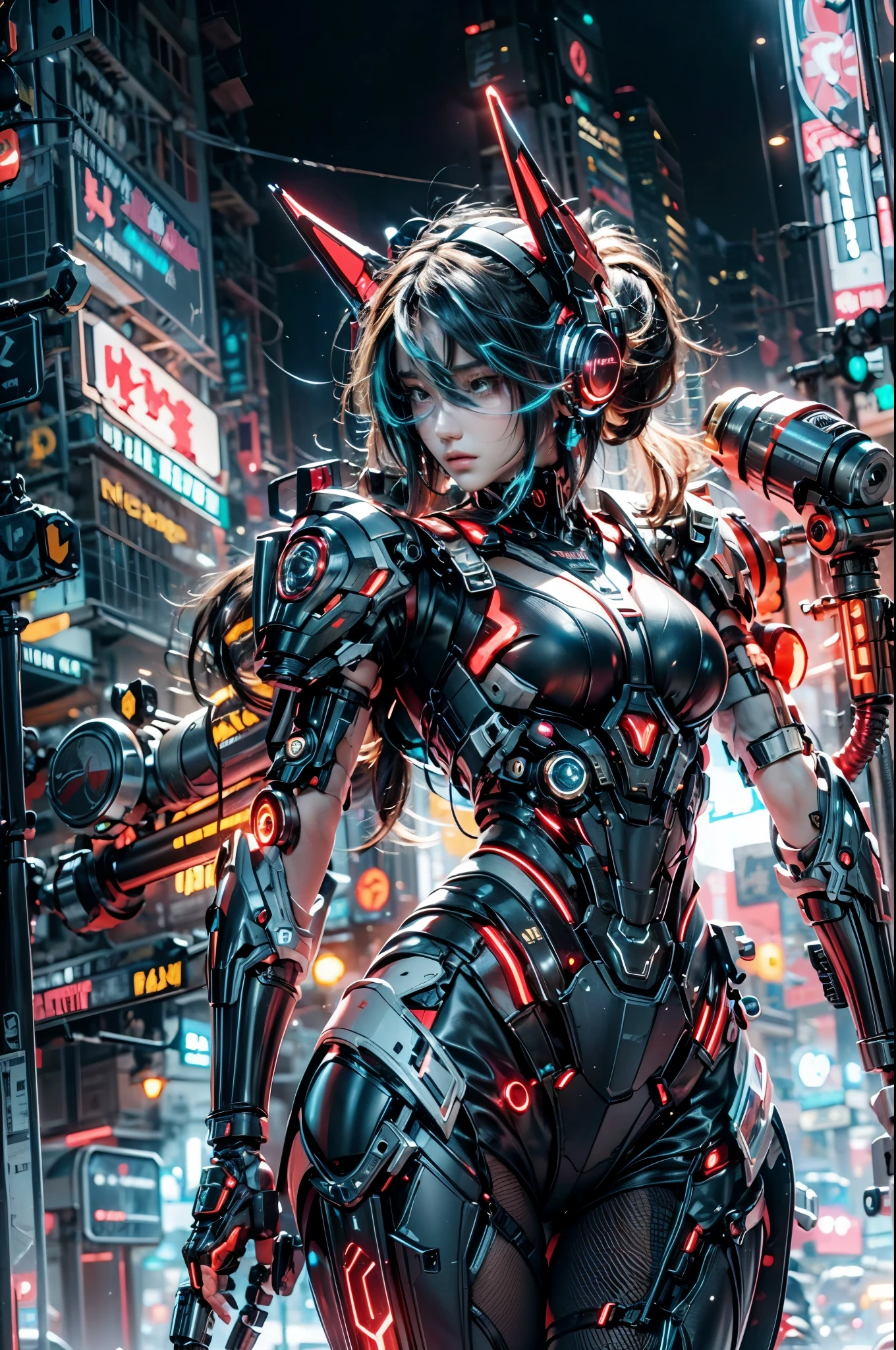 best quality，masterpiece，16K，1 girl,cyberpunk,Luminous headphones,Mechanical jewelry fragments,technical background,Frontal close-up,Pistol-like earpiece mechanical structure,multi-light headphones,Headphones with ultra-complex mechanical structure,Multi-light neck protection,Glows red,Weirdly shaped mechanical headphones,Super complex mechanical headphones,Mechanical armor,Multiple light source points throughout the body,city background,Multiple light source background,skyscrapers,night