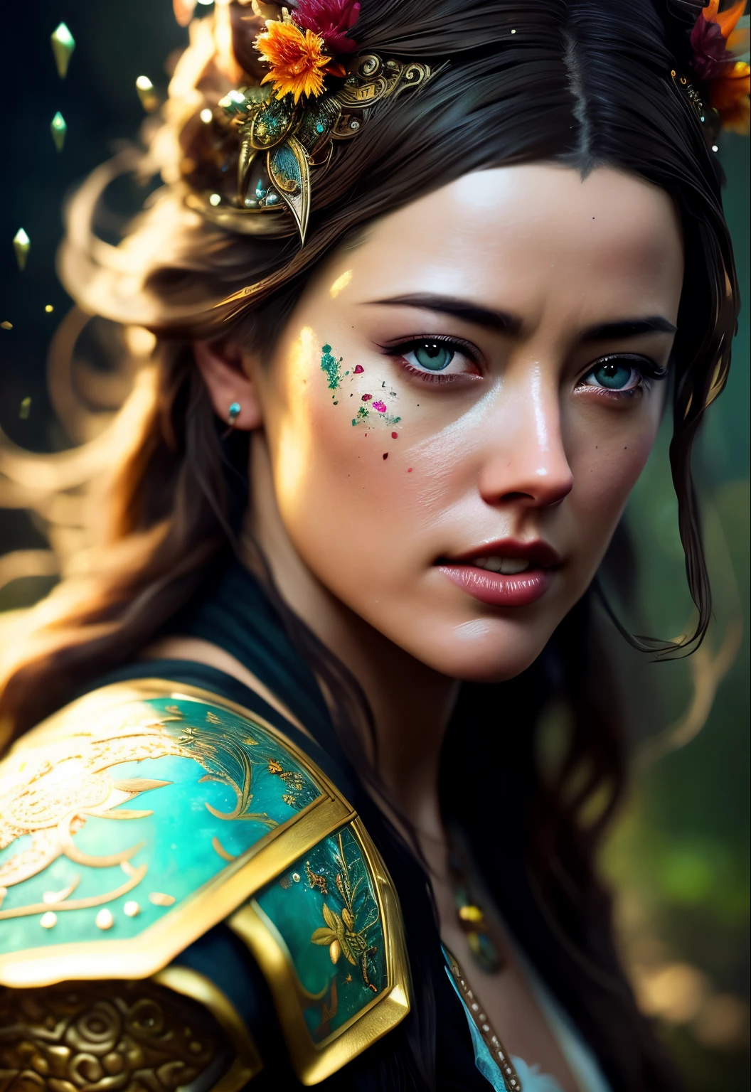 Looks like Amber Heard, Realistic role-playing face portrait painting of a beautiful rpg champion, pastel color, intricate details, fantasy, universe, intricate magical embroidery, very detail hair, very detail eyes, intense face, [elden ring|d &amp; d] concept art, rpg portrait, octane render, cinematic lighting, (soft shadow:1.2), close up, depth of field, splash art, art by wlop and, greg rutkowski