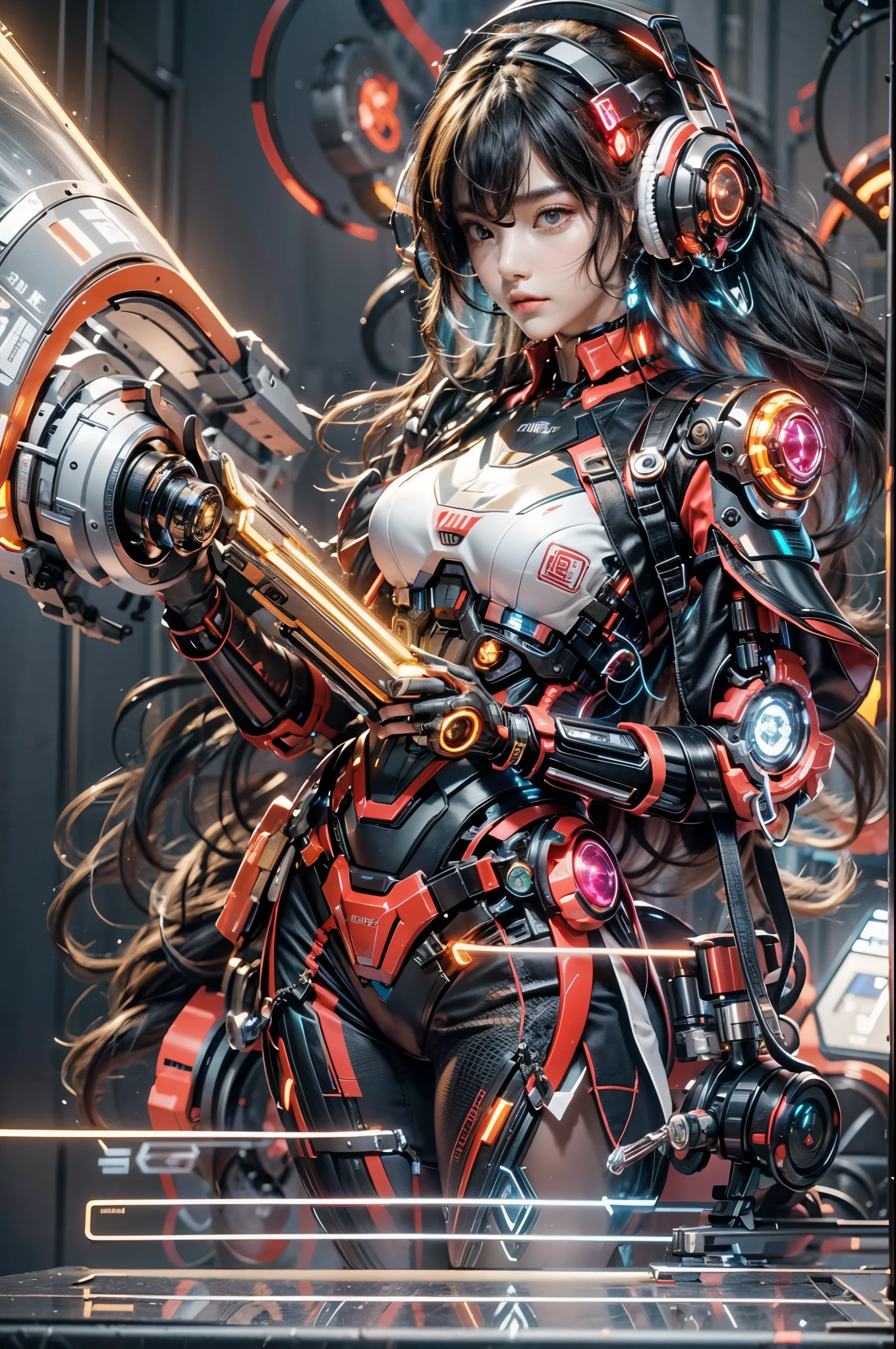 best quality，masterpiece，16K，1 girl,cyberpunk,Luminous headphones,Mechanical jewelry fragments,technical background,Frontal close-up,Pistol-like earpiece mechanical structure,multi-light headphones,Headphones with ultra-complex mechanical structure,Multi-light neck protection,Glows red,Weirdly shaped mechanical headphones,Super complex mechanical headphones,Mechanical armor,Multiple light source points throughout the body,city background,Multiple light source background,skyscrapers,night