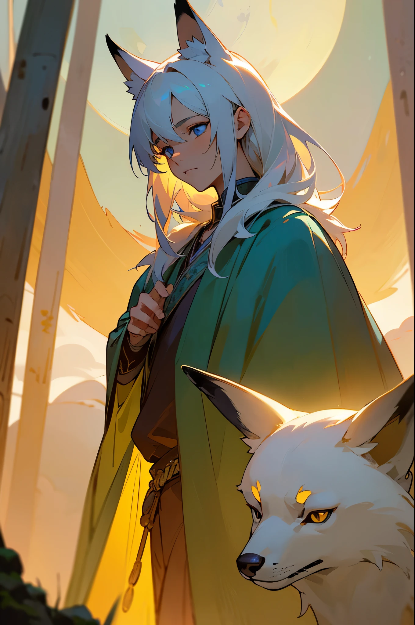 (best quality,4k,8k,highres,masterpiece:1.2),ultra-detailed,(realistic,photorealistic,photo-realistic:1.37),A blue-eyed white-haired boy and his sacred Fox Spirit explorers on an epic journey through a world of magic and wonder. Their dynamic background, filled with enchanting landscapes, towering mountains, and lush forests, creates an air of mystery and adventure. The gentle glow of the setting sun casts golden hues upon the vibrant scenery, highlighting the extraordinary bond between the boy and his mythical companion. Intricate details bring their features to life, showcasing the boy's expressive eyes, with hues of sapphire reflecting his inquisitive spirit, and the Fox Spirit's ethereal presence, adorned with shimmering fur of purest white. As they traverse through ancient ruins and hidden realms, the subtle interplay of light and shadow illuminates every contour, revealing the intricate textures of their magical surroundings. The boy's eyes radiate wisdom and determination, while the Fox Spirit exudes an aura of ancient wisdom and resilience. Together, they embark on a captivating journey, unraveling the secrets of the magical realm they call home. Colors blend harmoniously, from the vibrant greens of nature to the soft purples of twilight, creating a visual symphony that captivates the viewer's imagination.