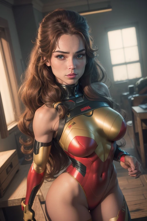 (best quality,8k:1.2,high resolution:1.2),ultra-detalhado,Realistic,imperial space warrior female,21 YEARS OLD,long hair,rosto extremamente detalhados,long eyelashes,all sheer light brown leotard de nylon Apertado,all light brown pantyhose, beige gloves,red Glossy metalic accessories,Physically-based rendering,sharp focus,studio lighting