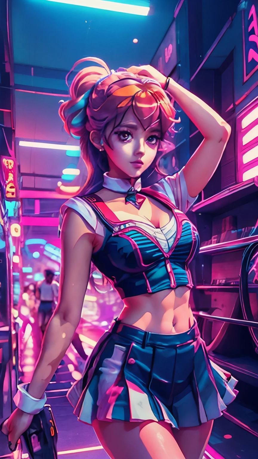 a cartoon image of a girl in a sailor outfit dancing in a crowded nightclub, 8 0 s anime vibe, Estilo anime dos anos 80, anime vibes, Estilo de arte de anime dos anos 80, garota lofi, in the art style of 80s anime, art deco supera anime estética, [ estilo de arte synthwave ]!! ]!!, 90s anime aesthetic