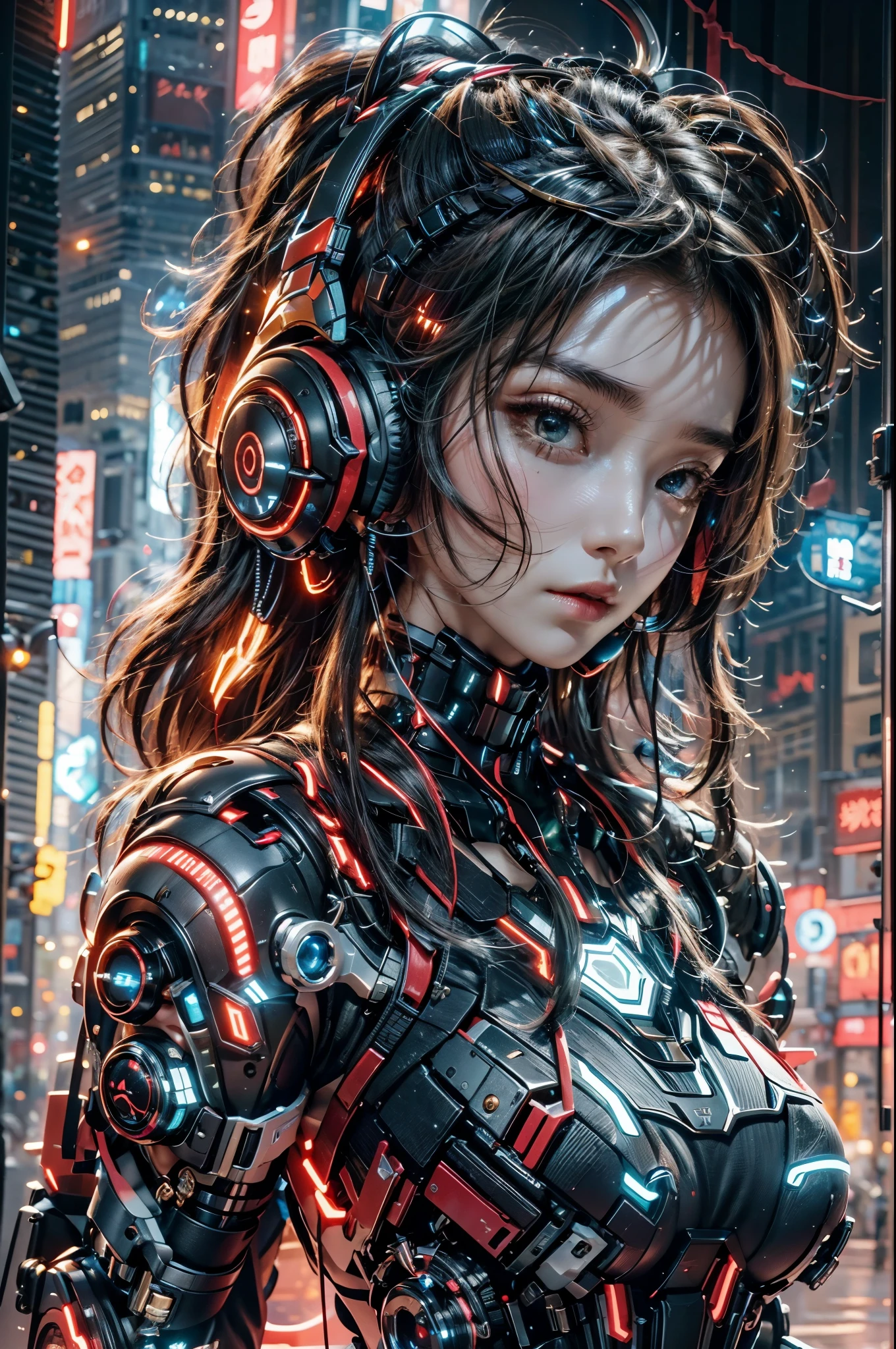 best quality，masterpiece，16K，1 girl,cyberpunk,Luminous headphones,Mechanical jewelry fragments,technical background,Frontal close-up,Pistol-like earpiece mechanical structure,multi-light headphones,Headphones with ultra-complex mechanical structure,Multi-light neck protection,Glows red,Weirdly shaped mechanical headphones,Super complex mechanical headphones,Mechanical armor,Multiple light source points throughout the body,city background,Multiple light source background,skyscrapers,night