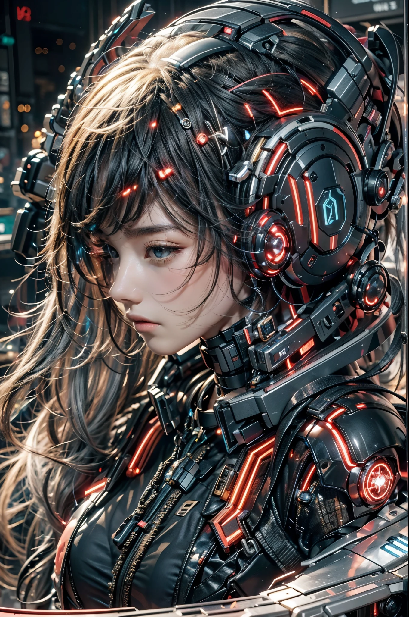 best quality，masterpiece，16K，1 girl,cyberpunk,Luminous headphones,Mechanical jewelry fragments,technical background,Frontal close-up,Pistol-like earpiece mechanical structure,multi-light headphones,Headphones with ultra-complex mechanical structure,Multi-light neck protection,Glows red,Weirdly shaped mechanical headphones,Super complex mechanical headphones,Mechanical armor,Multiple light source points throughout the body,city background,Multiple light source background,skyscrapers,night