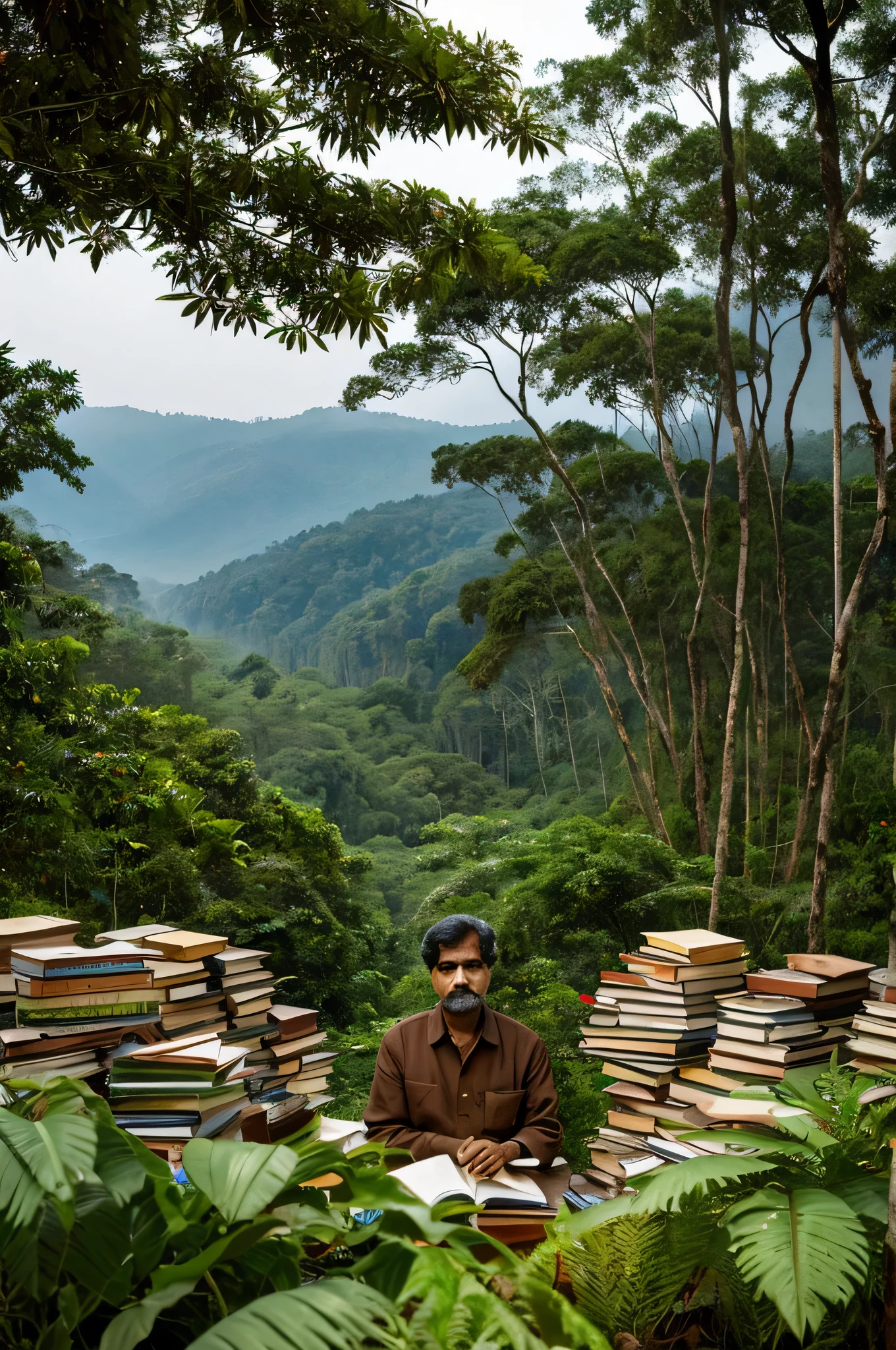 A portrait-style image of Kalyanakrishnan Sivaramakrishnan (Anthropology), surrounded by books and the lush forests of Eastern India in the background, symbolizing his deep connection with environmental history.