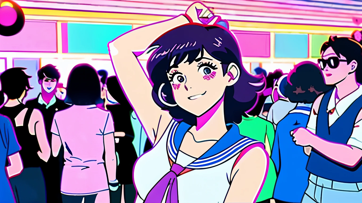 a cartoon image of a girl in a sailor outfit dancing in a crowded nightclub, 8 0 s anime vibe, Estilo anime dos anos 80, anime vibes, Estilo de arte de anime dos anos 80, garota lofi, in the art style of 80s anime, art deco supera anime estética, [ estilo de arte synthwave ]!! ]!!, 90s anime aesthetic