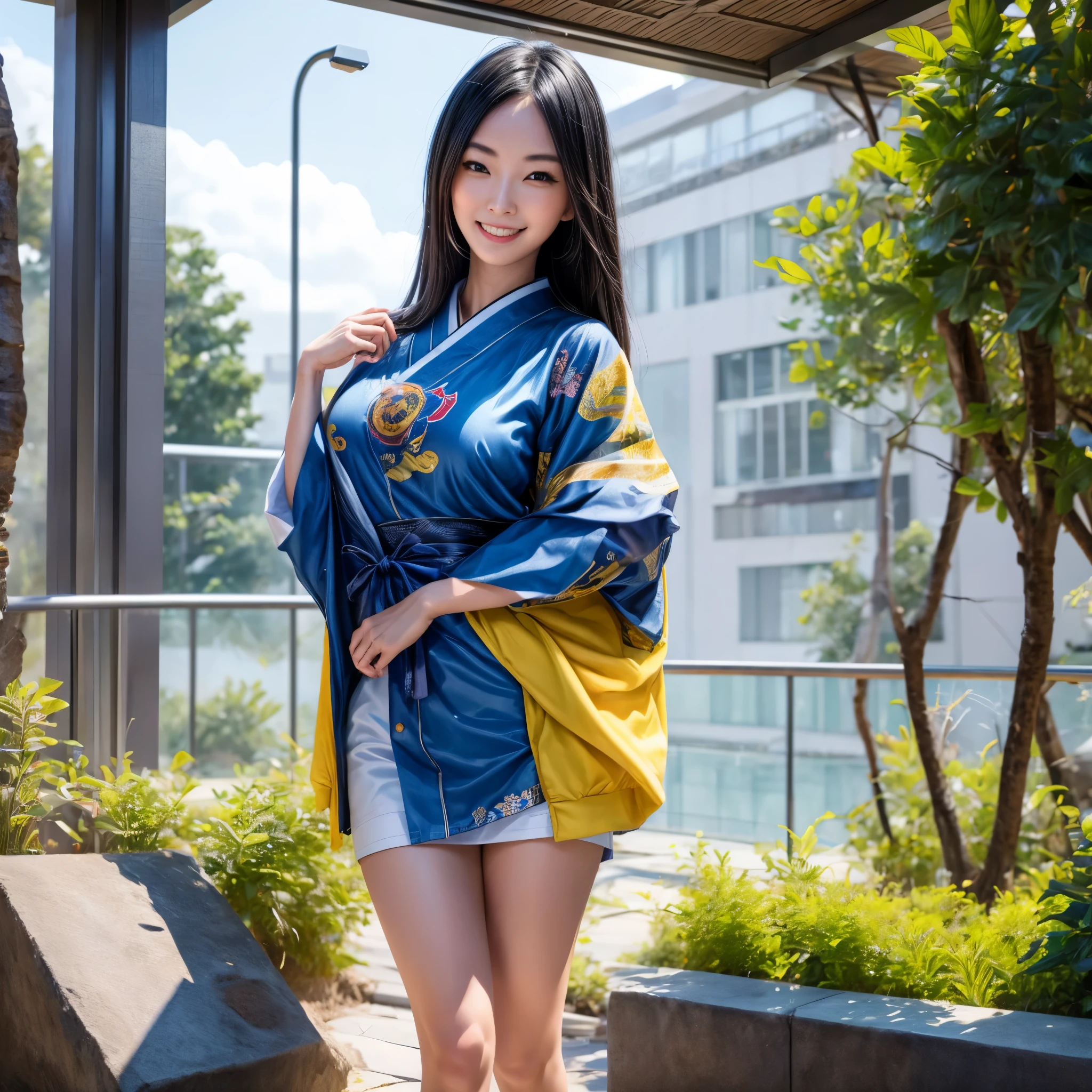 (best quality,4k,8k,highres,masterpiece:1.2),ultra-detailed, Japanese Goddess Amaterasu as a college student, Black hair, Blue with yellow accents, walking around college campus, smiling at viewer, undressing, breasts exposed, seducing viewer, HDR, 8k, absurdres, cinestill 800, sharp focus, add_detail:3