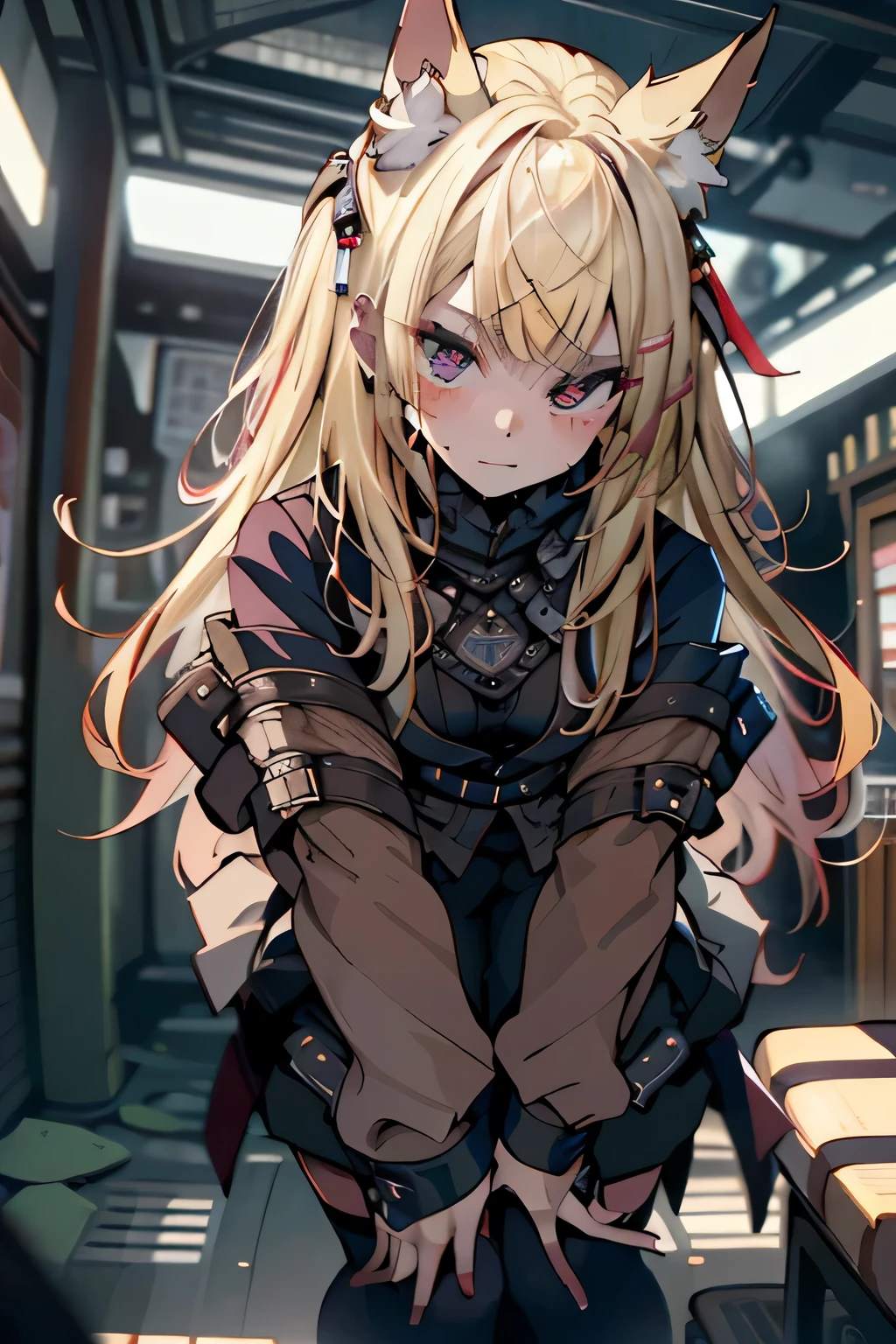 aimed at the viewer, But、Bedroom、sexual、amorous, (masterpiece)、(top quality)、Положи руку в промежButсть、 draw up, red blush、morning、blonde、sharp bangs、Photorealistic, A high resolution, 1 girl, Ears on the head, red nails