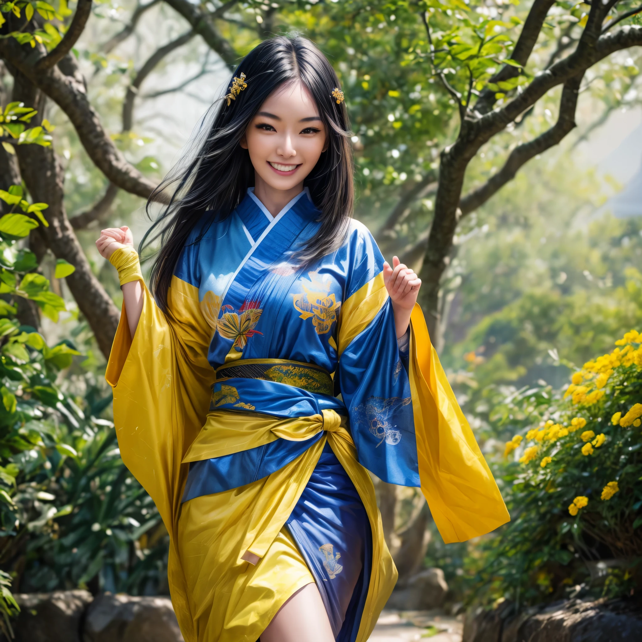 (best quality,4k,8k,highres,masterpiece:1.2),ultra-detailed, Japanese Goddess Amaterasu as a college student, Black hair, Blue  with yellow accents, walking around college campus, smiling at viewer, seducing viewer, HDR, 8k, absurdres, cinestill 800, sharp focus, add_detail:3
