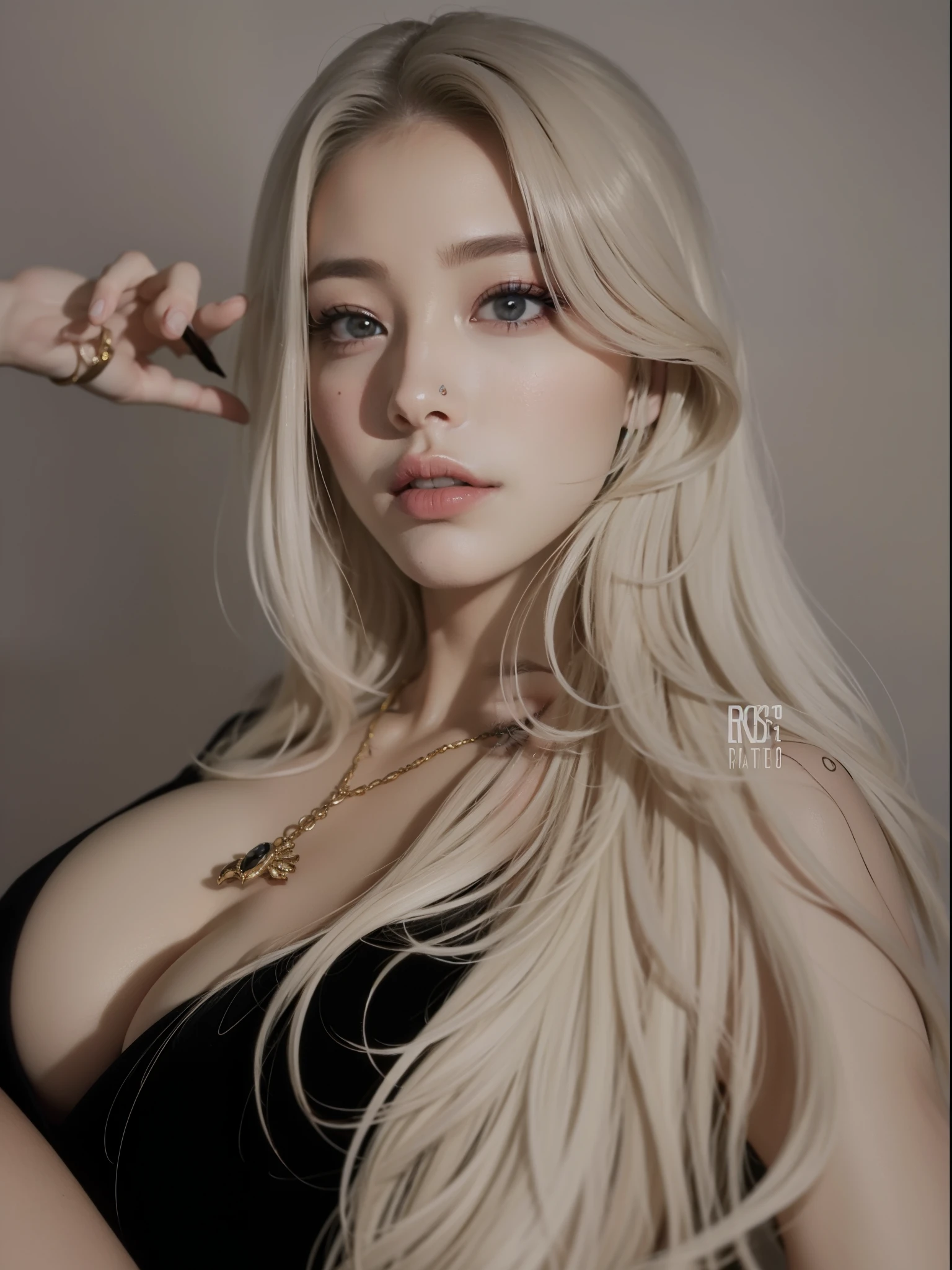 un primer plano de una mujer con cabello largo y rubio y un vestido negro, ๐คค girl portrait, ig model | germen de arte, realistic art style, realism artistic style, rossdraws 1. 0, Ross dibuja un retrato, estilo de arte realista, rossdraws pintura digital, :: rossdraws, Loish y Wlop, Sorteos de Wlop Ross