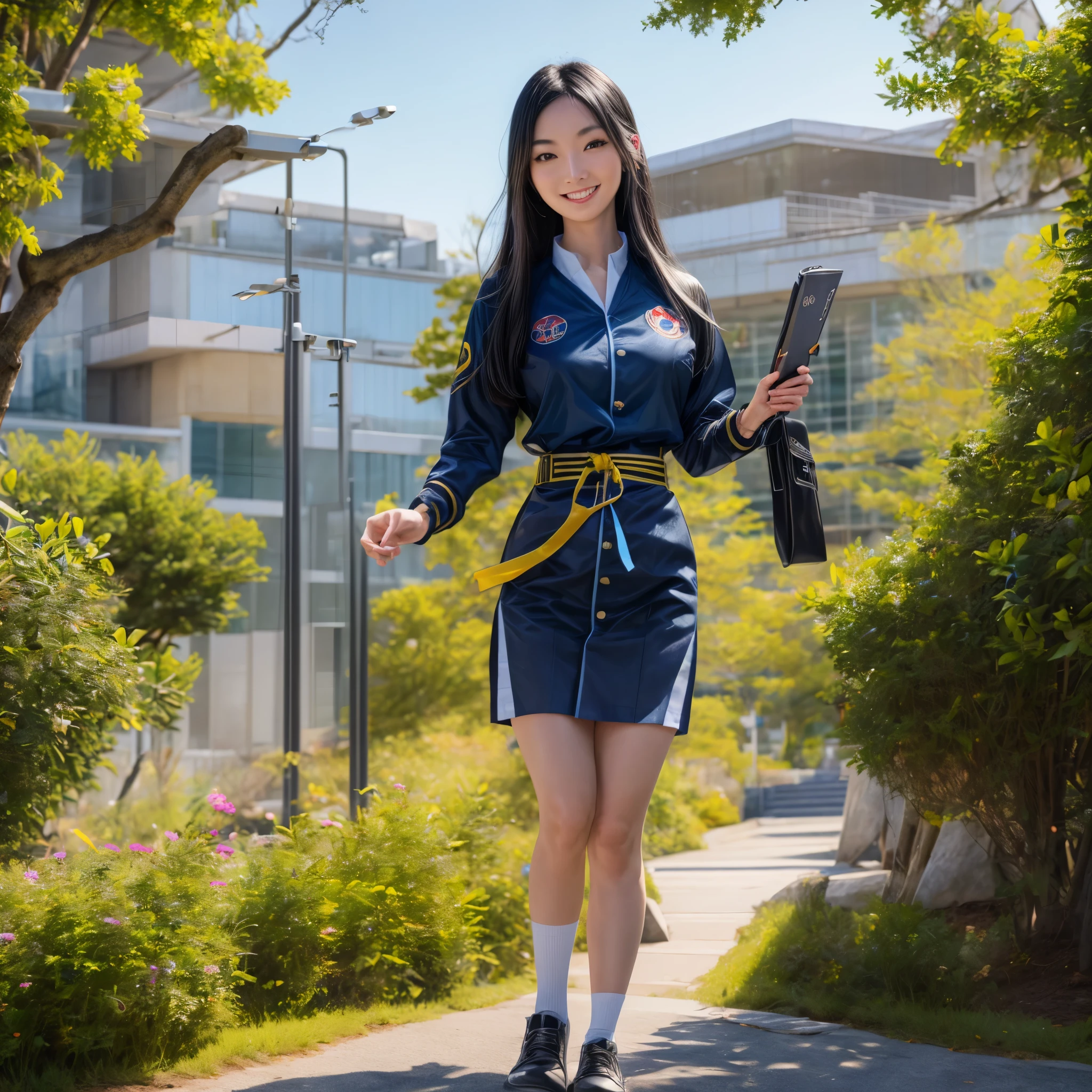 (best quality,4k,8k,highres,masterpiece:1.2),ultra-detailed, Japanese Goddess Amaterasu as a college student, Black hair, Blue academy uniform with yellow accents, walking around college campus, smiling at viewer, seducing viewer, HDR, 8k, absurdres, cinestill 800, sharp focus, add_detail:3
