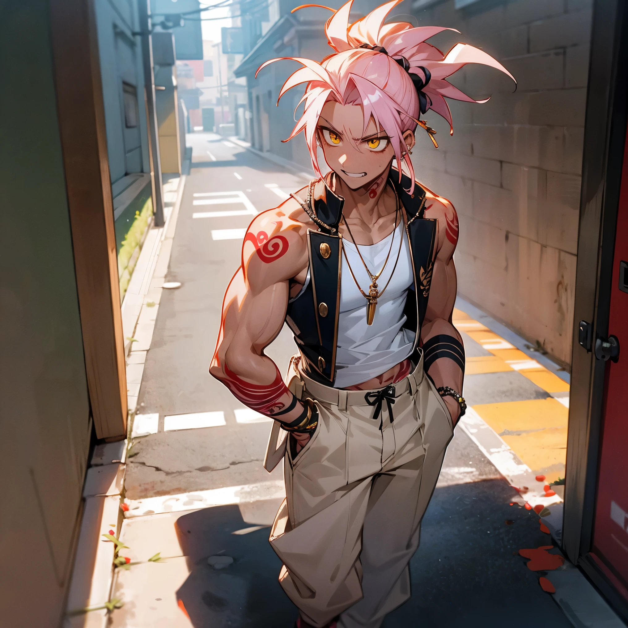 1male, young teen, tan skin, finely detailed yellow eyes, medium messy top knot, chopsticks in hair, pale pink ombré hair color, loose sleeveless gakuran uniform, loose baggy pants, hands in pockets, walking down alley, night, evil expression, village, cocky smile, shsrk teeth, blood thirsty expression, tattoos, muscular, rings, jewelry, necklace, earring