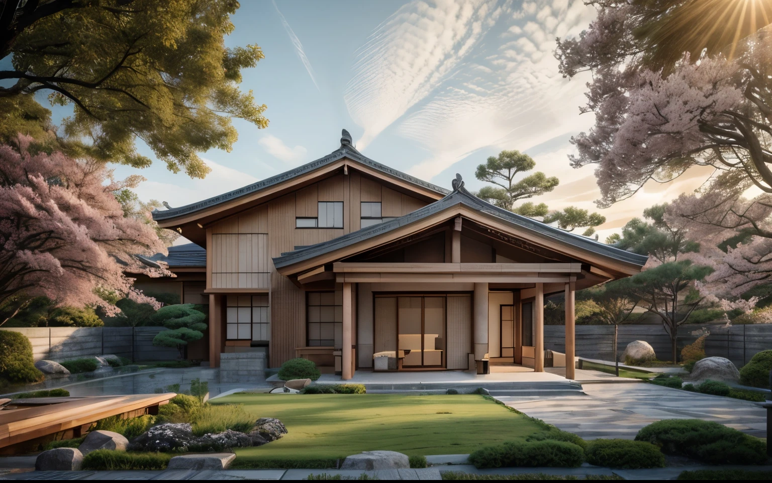 Architectural photography, ((Japanese Style House)), (masterpiece), ((best quality)), Exterior, scenery, real world location, dramatic lighting, high quality outdoors, tree, cloud, morning sunlight, blue sky, high resolution, super realistic, highly detailed