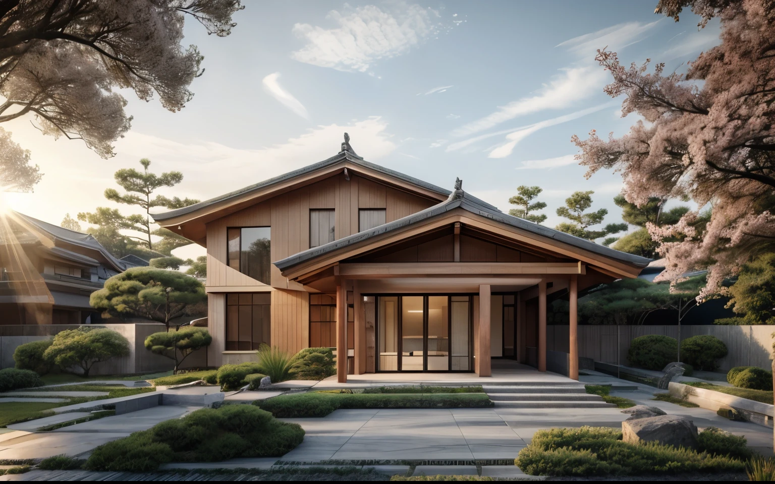 Architectural photography, ((Japanese Style House)), (masterpiece), ((best quality)), Exterior, scenery, real world location, dramatic lighting, high quality outdoors, tree, cloud, morning sunlight, blue sky, high resolution, super realistic, highly detailed