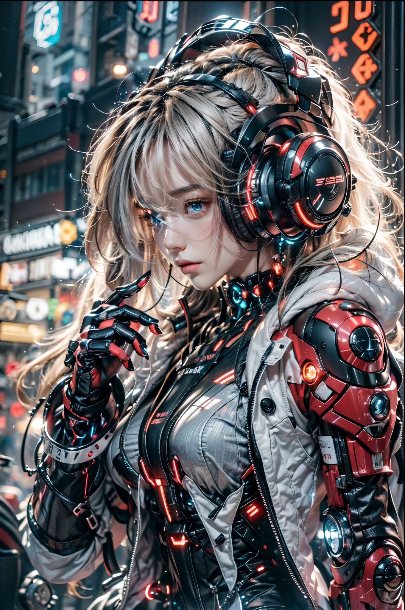 best quality，masterpiece，16K，1 girl,cyberpunk,Luminous headphones,Mechanical jewelry fragments,technical background,Frontal close-up,Pistol-like earpiece mechanical structure,multi-light headphones,Headphones with ultra-complex mechanical structure,Multi-light neck protection,Glows red,Weirdly shaped mechanical headphones,Super complex mechanical headphones,Mechanical armor,Multiple light source points throughout the body,city background,Multiple light source background,skyscrapers,night