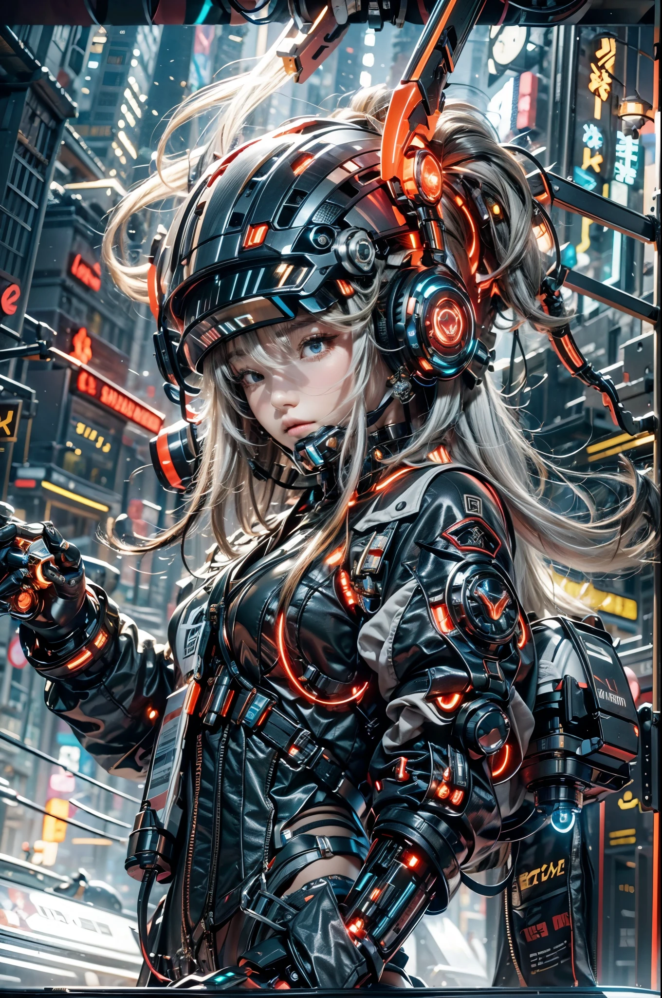 best quality，masterpiece，16K，1 girl,cyberpunk,Luminous headphones,Mechanical jewelry fragments,technical background,Frontal close-up,Pistol-like earpiece mechanical structure,multi-light headphones,Headphones with ultra-complex mechanical structure,Multi-light neck protection,Glows red,Weirdly shaped mechanical headphones,Super complex mechanical headphones,Mechanical armor,Multiple light source points throughout the body,city background,Multiple light source background,skyscrapers,night