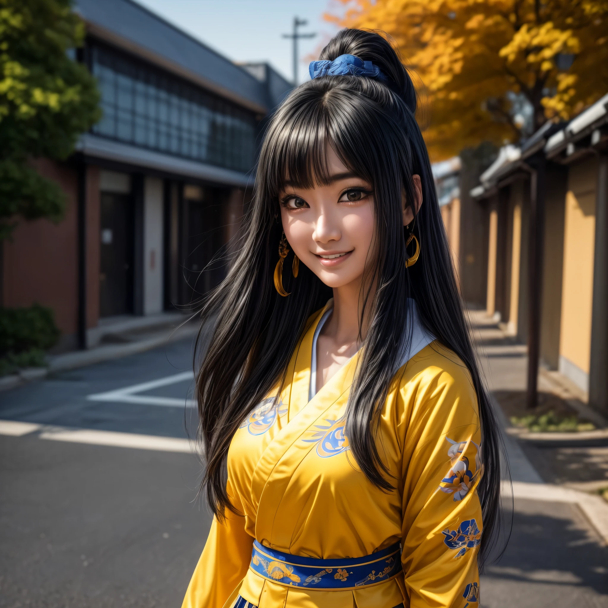 (best quality,4k,8k,highres,masterpiece:1.2),ultra-detailed, Japanese Goddess Amaterasu as a college student, Black hair, Blue academy uniform with yellow accents, walking around college campus, smiling at viewer, seducing viewer, HDR, 8k, absurdres, cinestill 800, sharp focus, add_detail:3