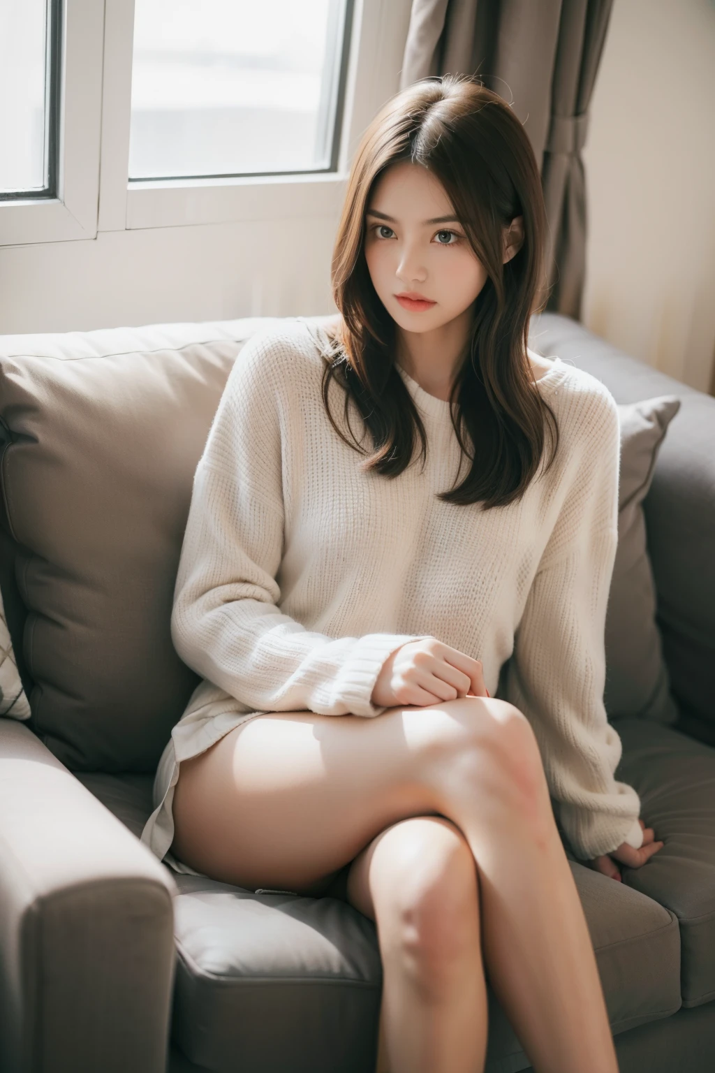 1girl,sitting on a cozy couch,crossing legs,soft light