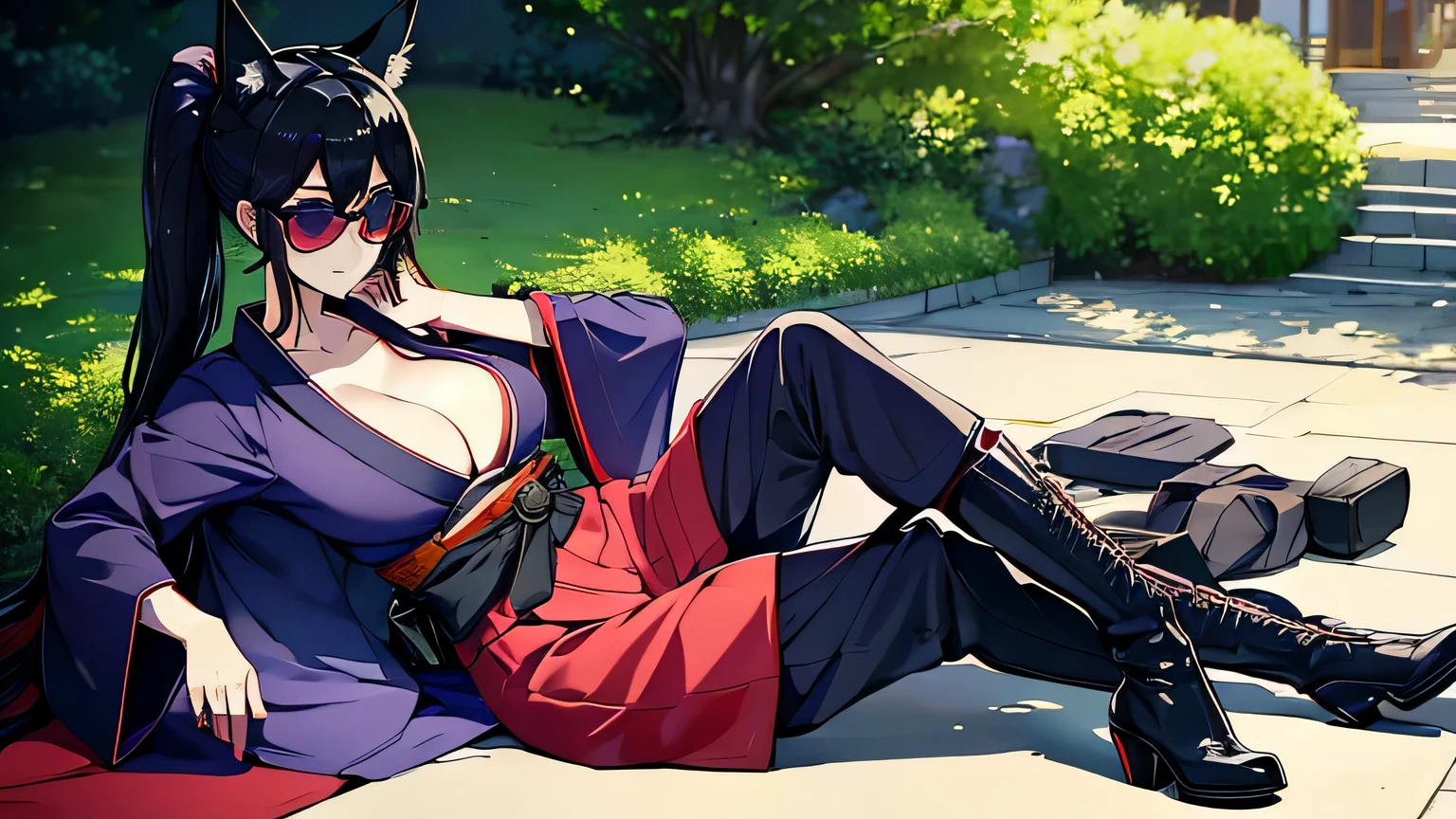 1 girl , alone ,Taisho Modern、、big cleavage、headphone , greenish black hair、ponytail、fox ears、blue eyes、sunglasses、Dark purple kimono、red hair ornament、light purple long hakama、black coat、leather boots、headphones、sunglasses、sexy、charm、Wet、face turns red、far shot , full body、city