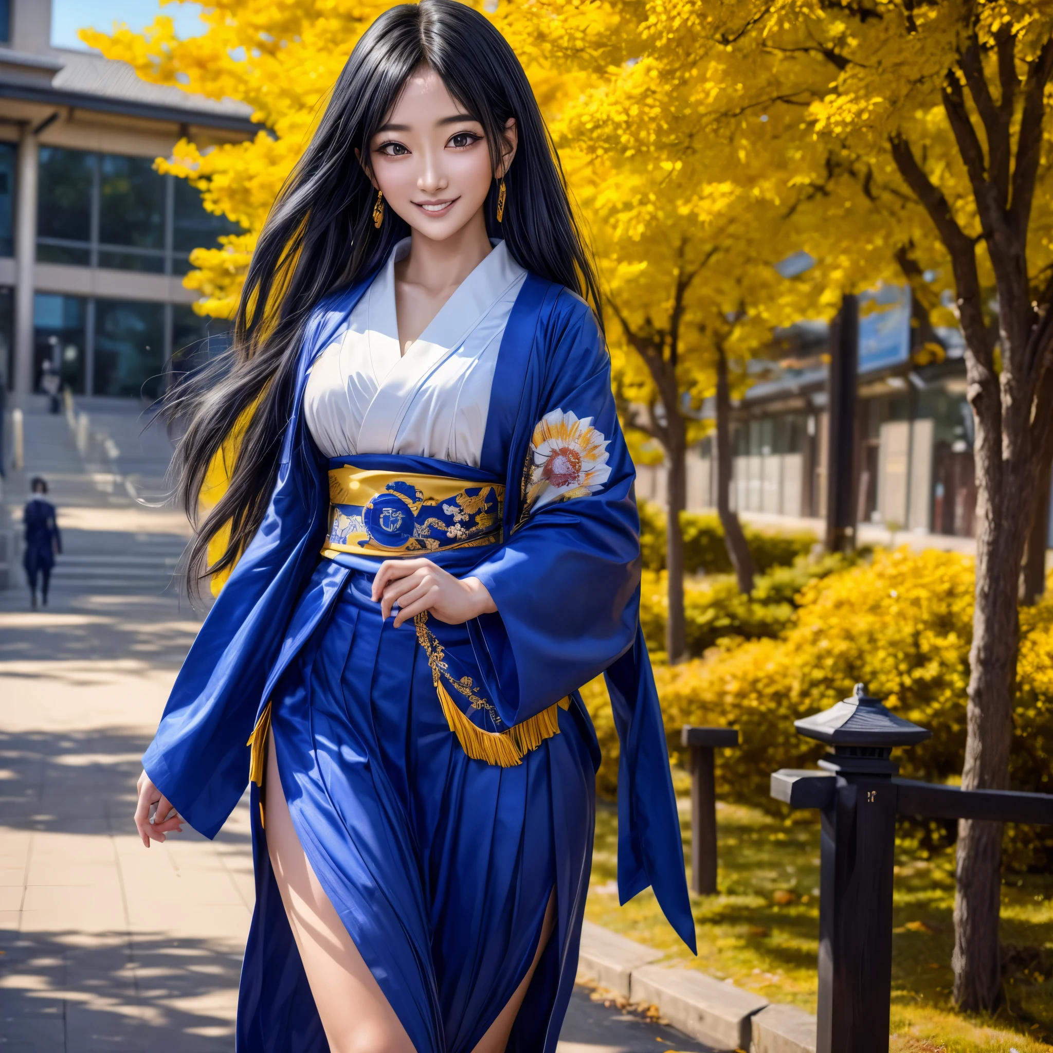 (best quality,4k,8k,highres,masterpiece:1.2),ultra-detailed, Japanese Goddess Amaterasu as a college student, Black hair, Blue academy uniform with yellow accents, walking around college campus, smiling at viewer, seducing viewer, HDR, 8k, absurdres, cinestill 800, sharp focus, add_detail:3
