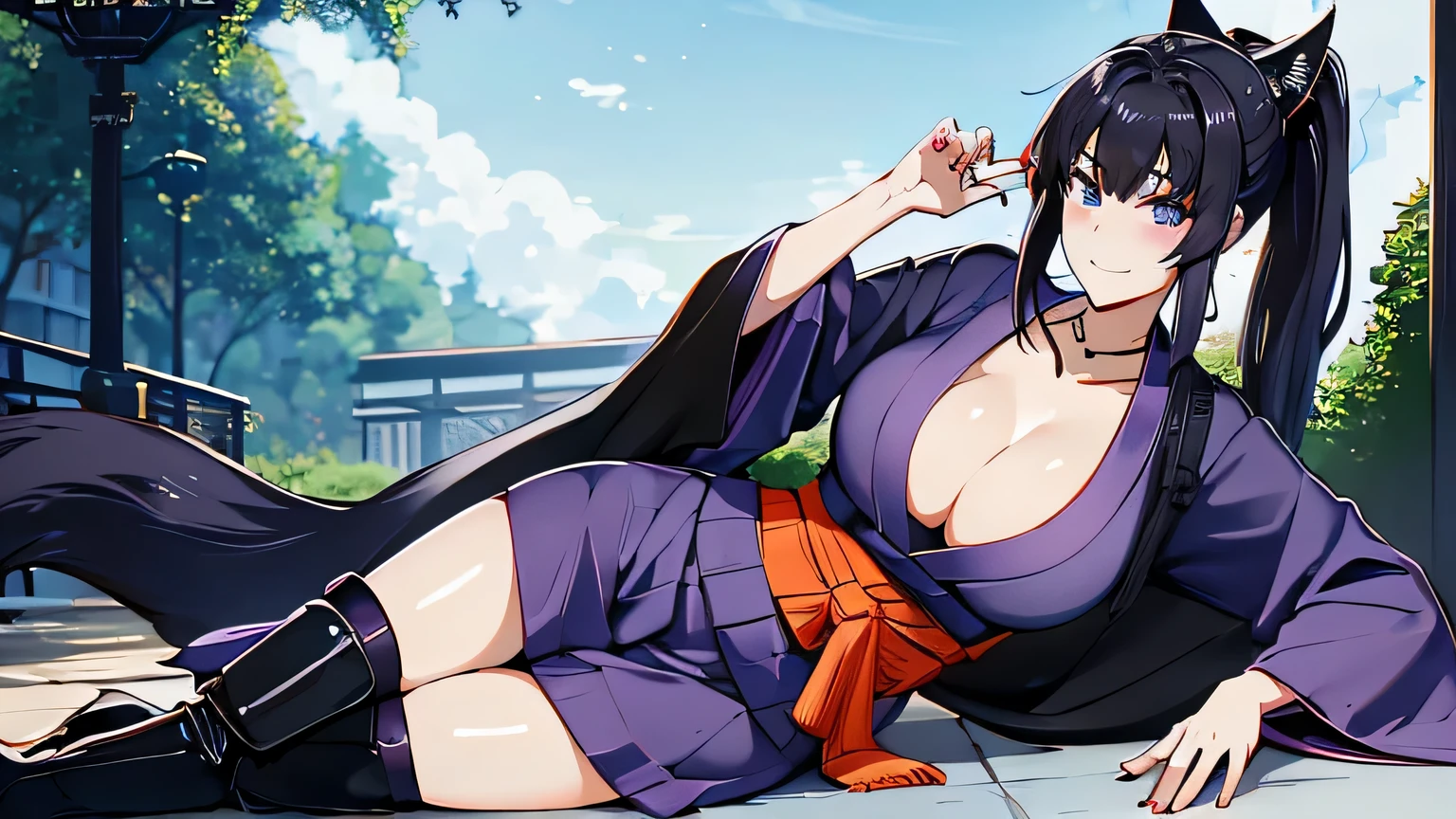 1 girl , alone ,Taisho Modern、、big cleavage、headphone , greenish black hair、ponytail、fox ears、blue eyes、sunglasses、Dark purple kimono、red hair ornament、light purple long hakama、black coat、leather boots、首に装着するheadphone、sunglasses、sexy、charm、Wet、face turns red , full body、city