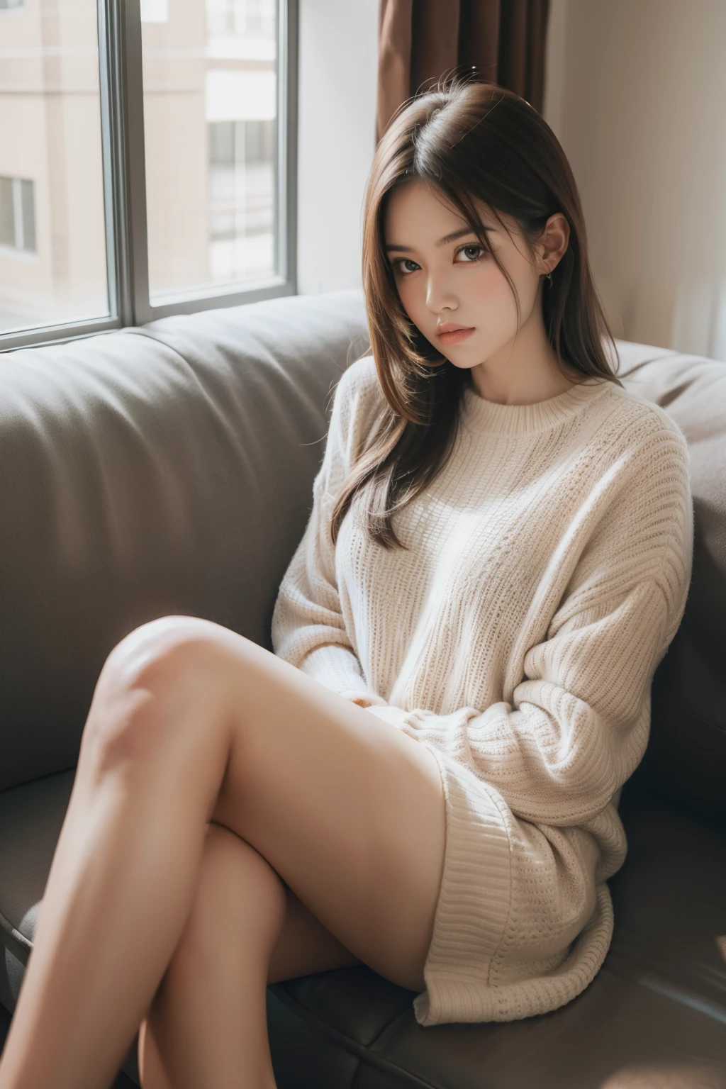 1girl,sitting on a cozy couch,crossing legs,soft light