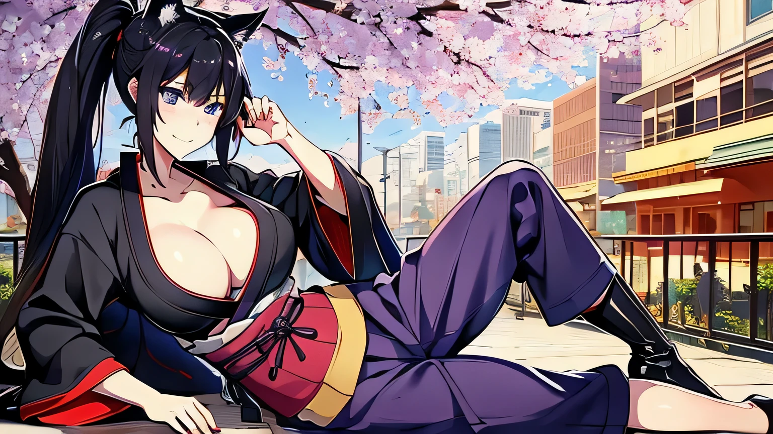 1 girl , alone ,Taisho Modern、、big cleavage、headphone , greenish black hair、ponytail、fox ears、blue eyes、sunglasses、Dark purple kimono、red hair ornament、light purple long hakama、black coat、leather boots、首に装着するheadphone、sunglasses、sexy、charm、Wet、face turns red , full body、Boulevards of the city