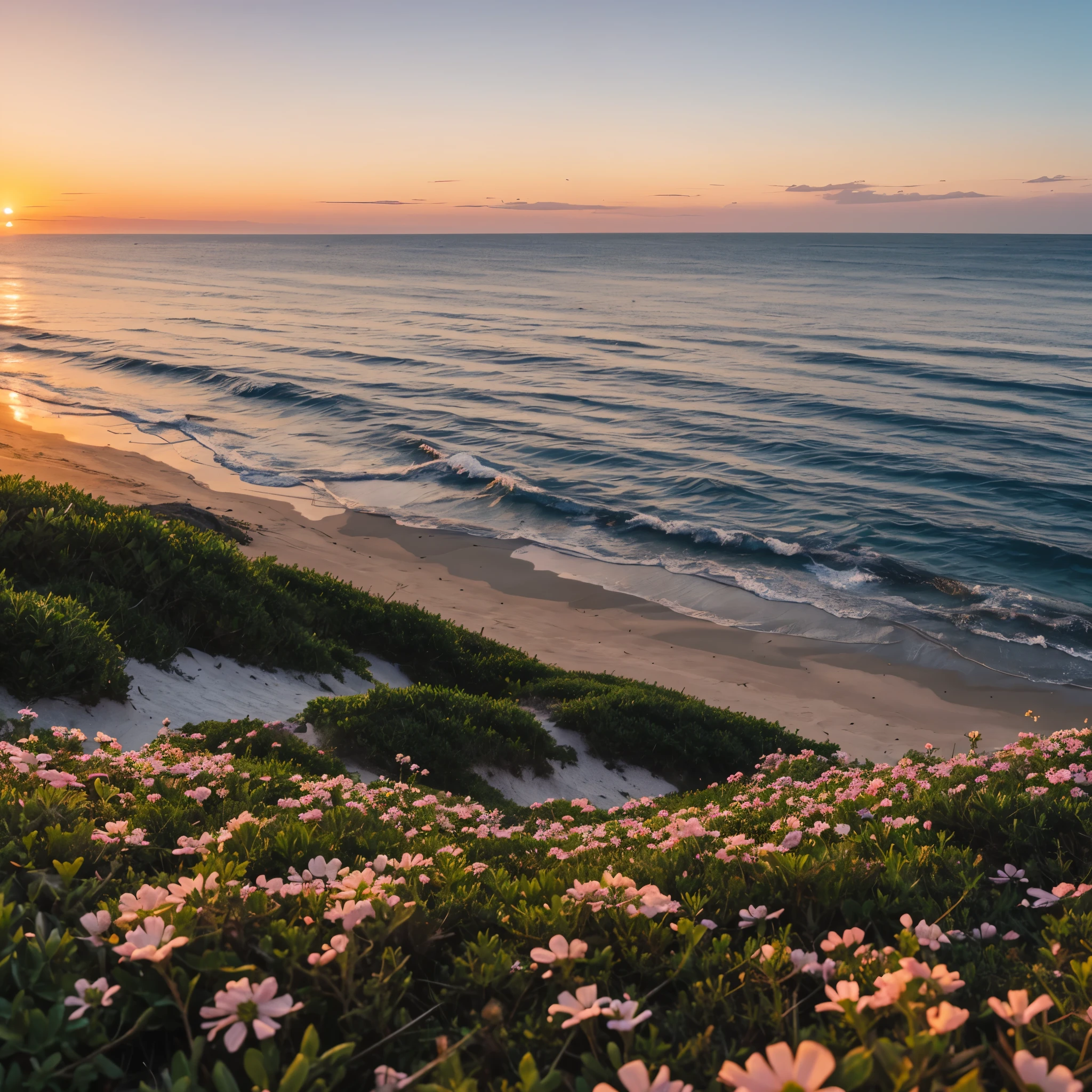 Tiny little flowers by the sea at sunset