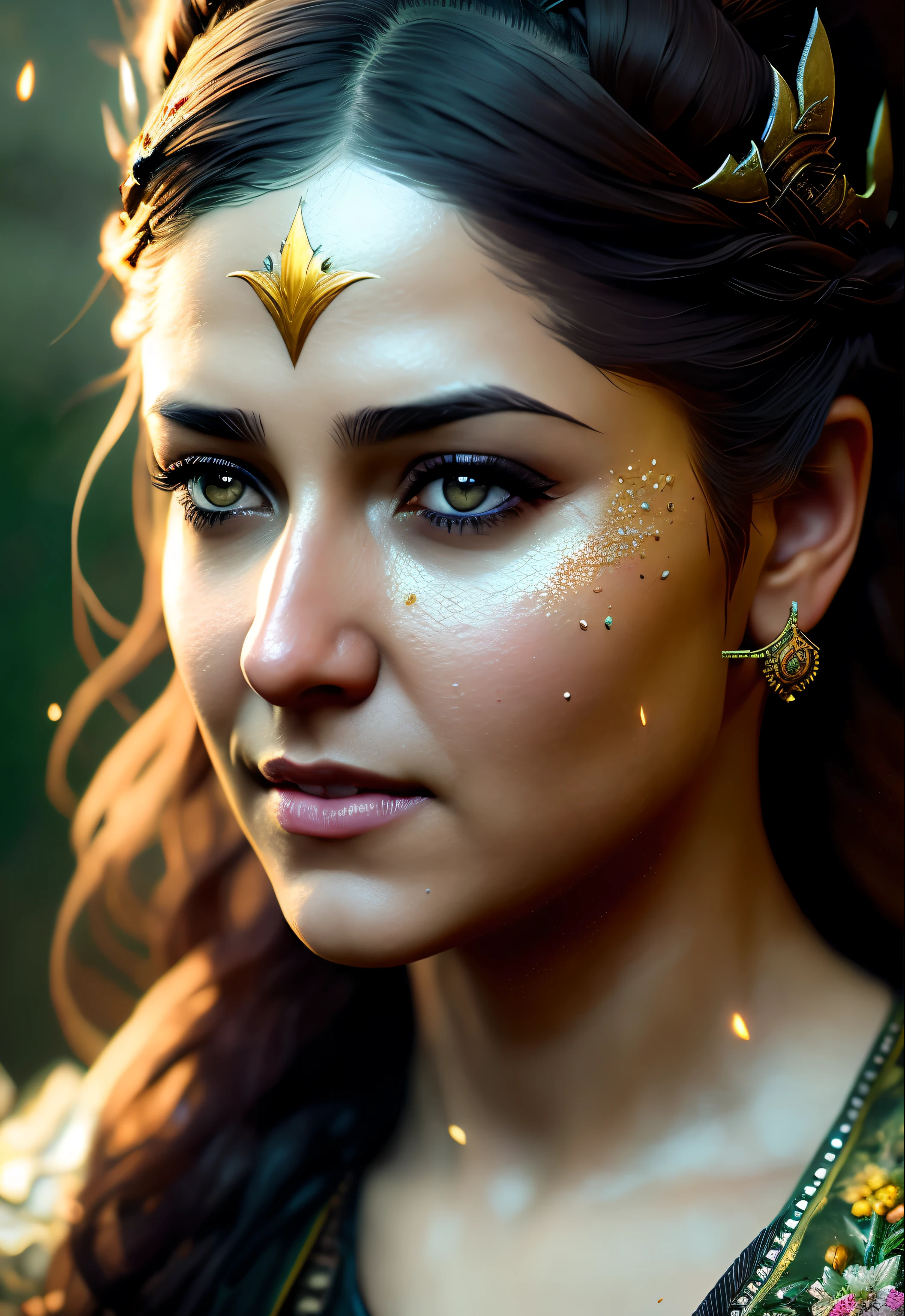 Looks like Nayanthara, Realistic role-playing face portrait painting of a beautiful rpg champion, pastel color, intricate details, fantasy, universe, intricate magical embroidery, very detail hair, very detail eyes, intense face, [elden ring|d &amp; d] concept art, rpg portrait, octane render, cinematic lighting, (soft shadow:1.2), close up, depth of field, splash art, art by wlop and, greg rutkowski