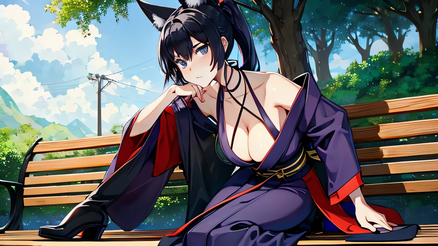 1 girl , alone ,Taisho Modern、、big cleavage、headphone , greenish black hair、ponytail、fox ears、blue eyes、sunglasses、Dark purple kimono、red hair ornament、light purple long hakama、black coat、leather boots、首に装着するheadphone、sunglasses、flashy necklace、sexy、charm、Wet、face turns red , sitting on the bench