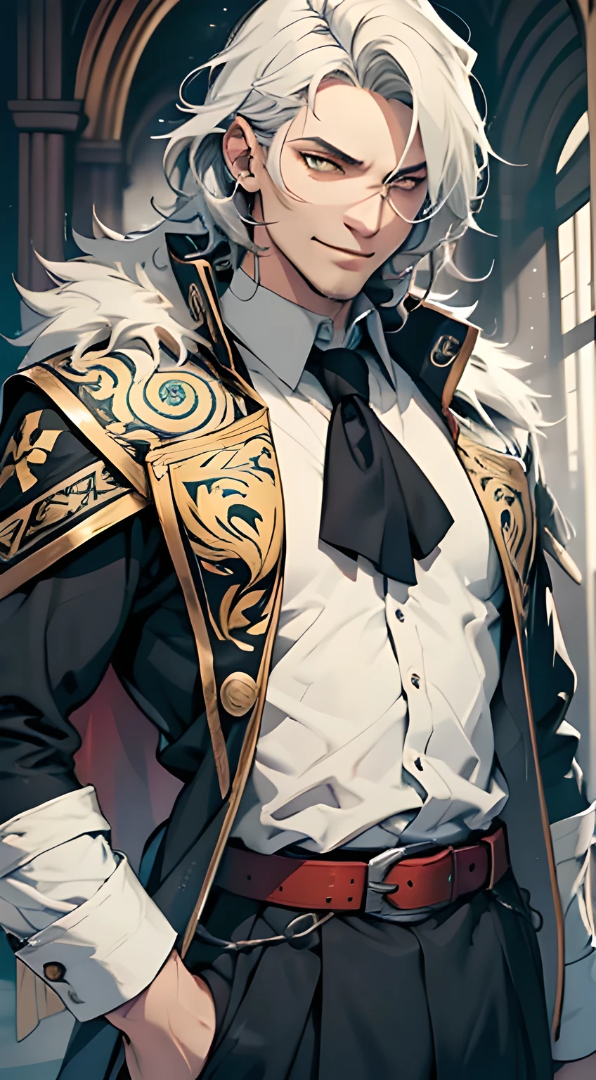 (Best quality,4K,A high resolution),male,48 years old,short silver tousled hair,bright yellow eyes, Pale skin, Official uniform,an alchemist,herbalist,magician,manic smile