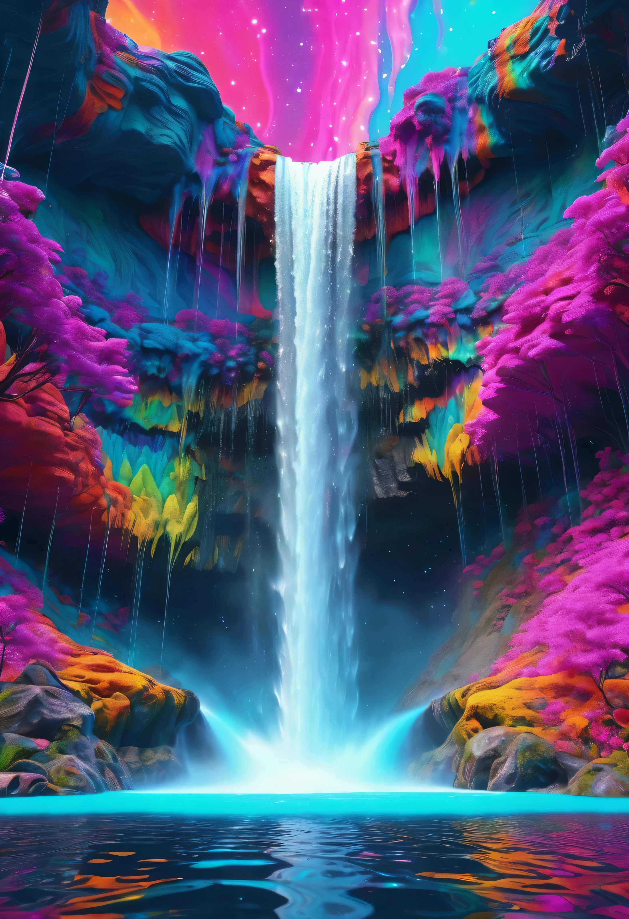 Mesmerizing Cosmic Waterfall in a Psychedelic World psychedlic colors, in the style of 3D, octane render, 8k, ray-tracing, blender, hyper-detailed