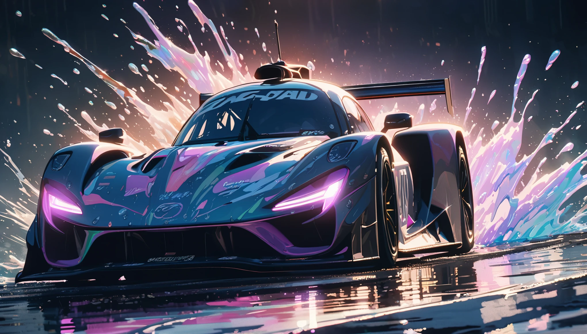 sharp focus at racing car,anime,water splash,iridescent wet road,gorgeous color grading,cel shading,gorgeous gradient,glowing shadow,intricate,ultra-detailed,8k,cinematic lighting,(masterpiece)