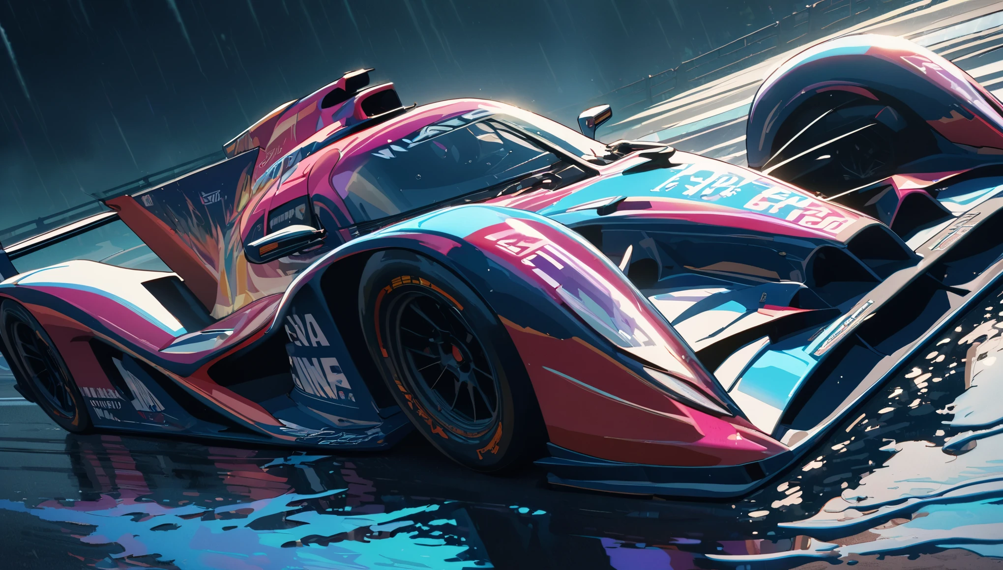 sharp focus at racing car,anime,water splash,iridescent wet road,gorgeous color grading,cel shading,gorgeous gradient,glowing shadow,intricate,ultra-detailed,8k,cinematic lighting,(masterpiece)
