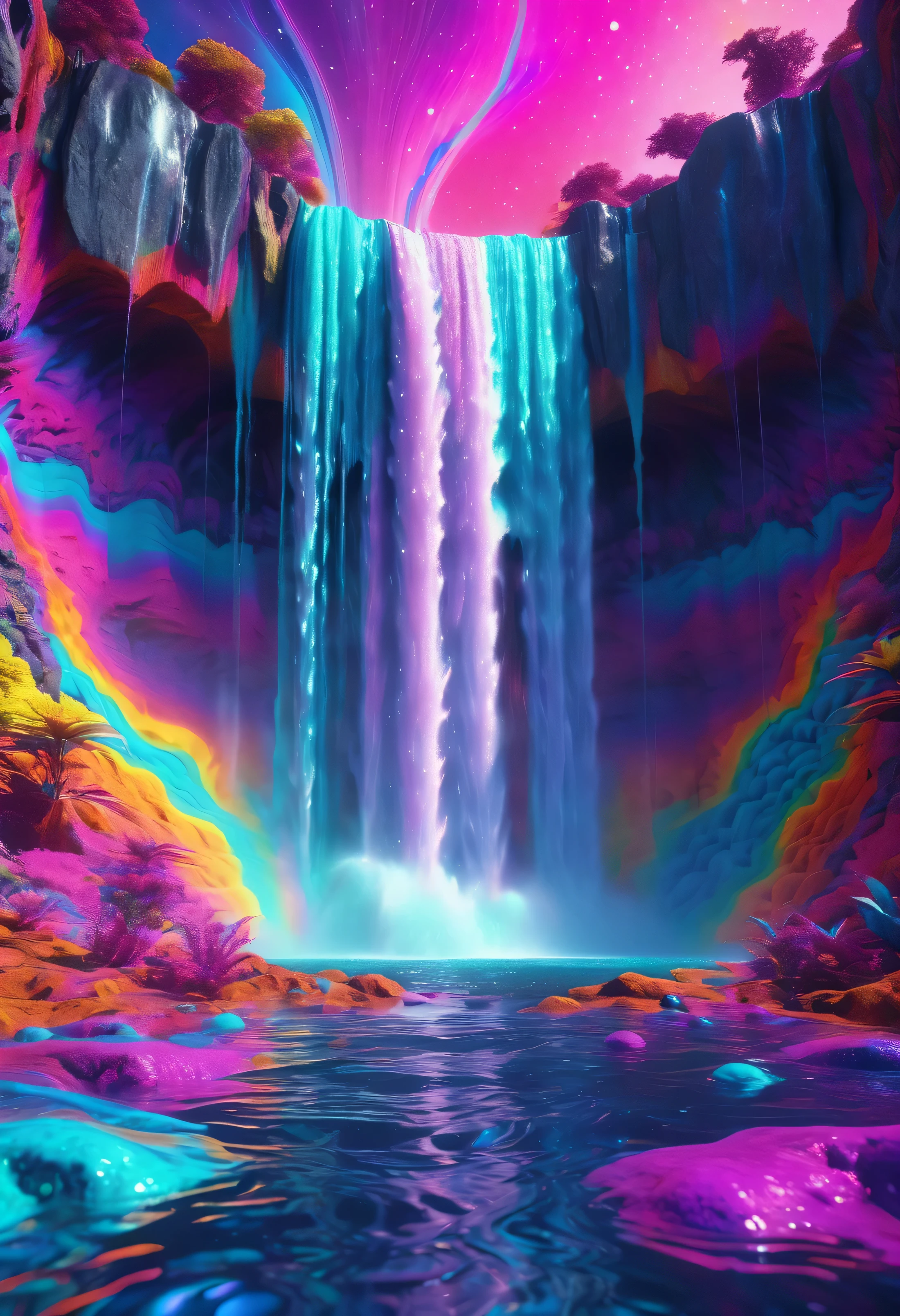 Mesmerizing Cosmic Waterfall in a Psychedelic World psychedlic colors, in the style of 3D, octane render, 8k, ray-tracing, blender, hyper-detailed