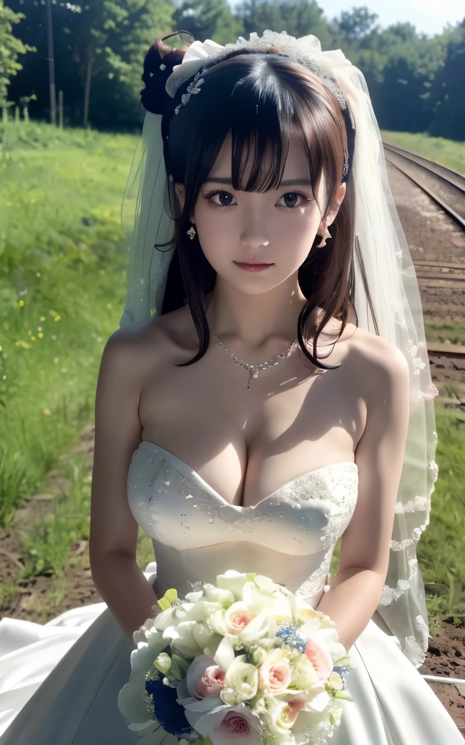 (((Pixel perfect, Perfect details))), alone, 1 girl,bride, yuigahama yui, pout, 美丽bride穿美麗婚紗的特写,Gurwitz, (((bride頭紗))),(transparent short veil),blush,eye shadow,Blushing face,Head flower,headgear,((bouquet)),((((tube top wedding dress)))),(((strapless wedding dress))),(bare shoulders),pure white dress,(necklace),((earrings)),(large breasts:1.3),Bangs,lipstick,((White long elbow gloves)),Half-length photo,High-detail RAW color art,White long skirt,There is a railway track next to it,(standing on the railroad tracks:1.3),18 years old, (long twintails:1.5),(double bun:1.5), black hair,