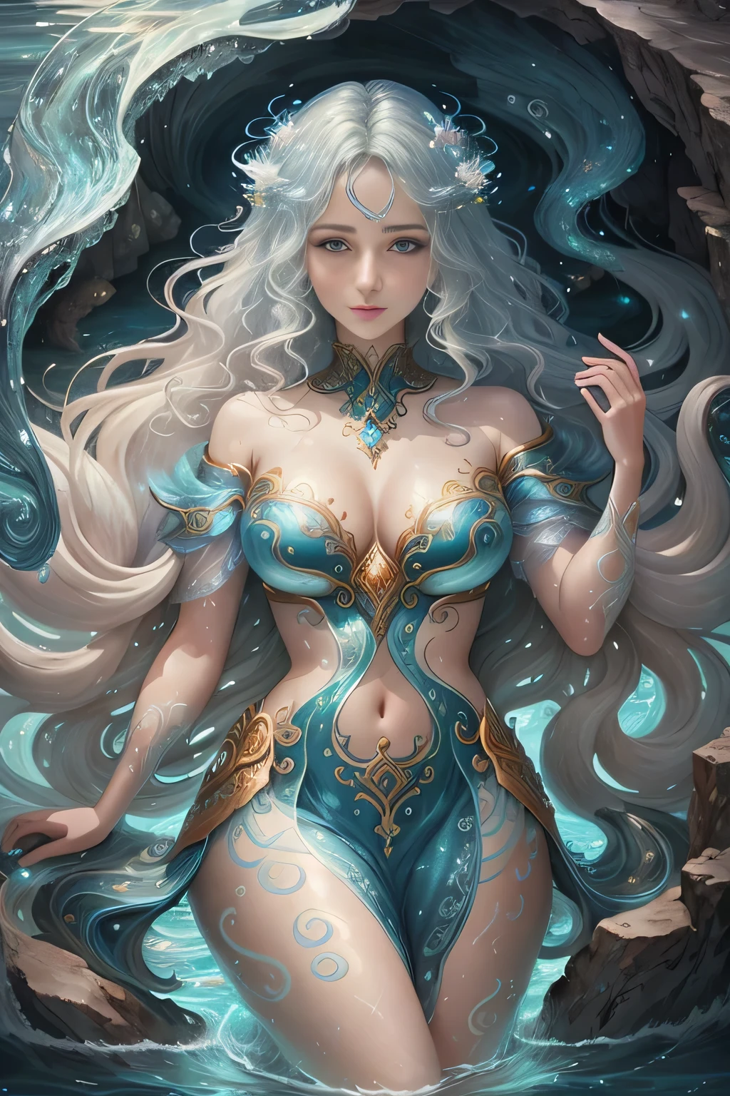 Water spirit in the form of a girl in attractive costume, born from natural rivers, lakes and seas, living in the flow and waves of water, guardian of water
It is a symbol of pure water, a source of life, and a symbol of purification and rebirth.
Have shades in harmony with nature, such as orange, gold, and transparent.
It is shaped like a stream of water or waves, and is represented like a fairy living by a beautiful waterside.
It can change its appearance depending on the flow of water.
There is a backdrop depicting beautiful rivers, lakes and the sea
Hope to protect water resources and restore clean water, detailed beautiful face and eyes, big buttocks, bright white background, simple background, seen from below, masterpiece, highest quality, highest quality, official art, beautiful aesthetic, surreal, beautiful face, healthy figure, novel and unique style, beautiful hair, smooth skin, baby face