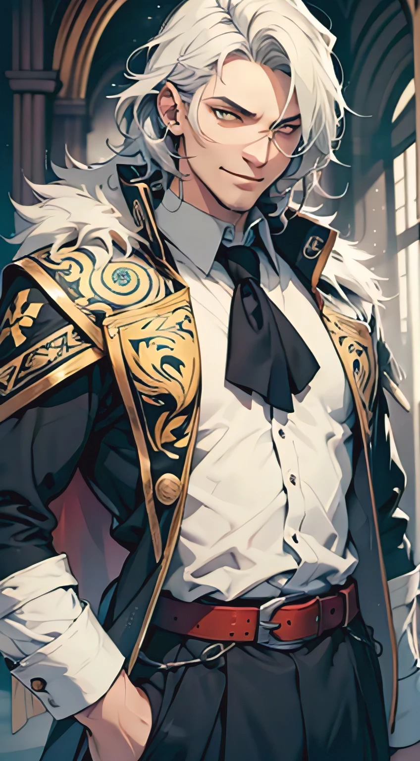 (Best quality,4K,A high resolution),male,48 years old,short silver tousled hair,bright yellow eyes, Pale skin, Official uniform,an alchemist,herbalist,magician,manic smile