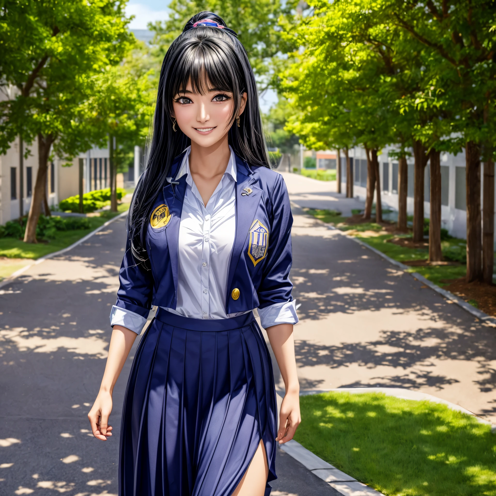 (best quality,4k,8k,highres,masterpiece:1.2),ultra-detailed, Japanese Goddess Amaterasu as a college student, Black hair, Blue academy uniform with yellow accents, walking around college campus, smiling at viewer, seducing viewer, HDR, 8k, absurdres, cinestill 800, sharp focus, add_detail:3
