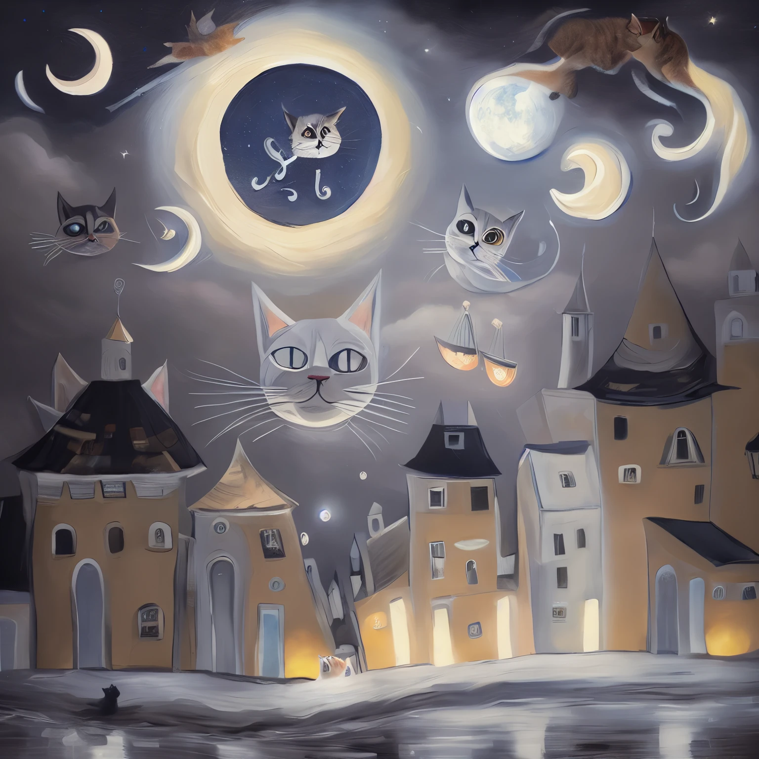 painting of a cat flying over a city with a full moon, whimsical art, by Nadya Rusheva, by Olga Rozanova, cat cat dreamcats, cats cat dreamcats, by Mykola Burachek, night starry sky full of cats, by Marie Bashkirtseff, by Elina Karimova, by Ksenia Milicevic
