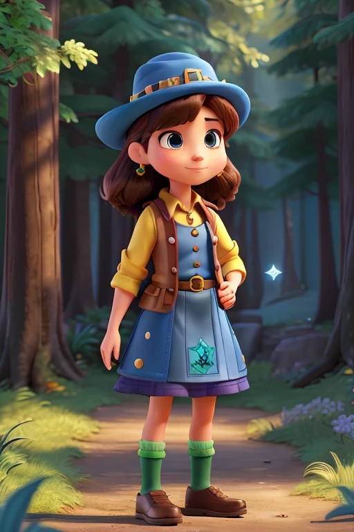 Elegant female Disney Pixer avatar, cuerpo completo, con sombrero de duende azul oscuro en la cabeza, Chaleco de duende azul oscuro con botones dorados, camisa amarilla, falda azul oscuro, zapatos marrones, con joyas en la mano y una olla llena de diamantes en el bosque.