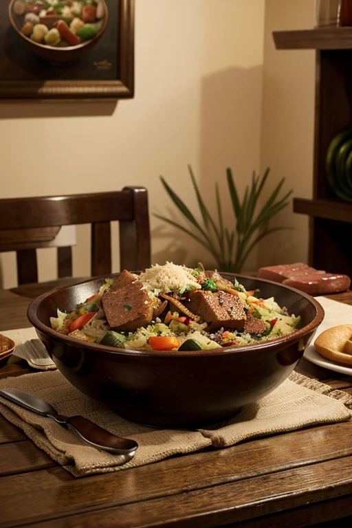 masterpiece, best quality, cinematic photo of there is a bowl of food with vegetables and meats on a table, highly detailed composition, high quality food photography, photograph, film, highres
