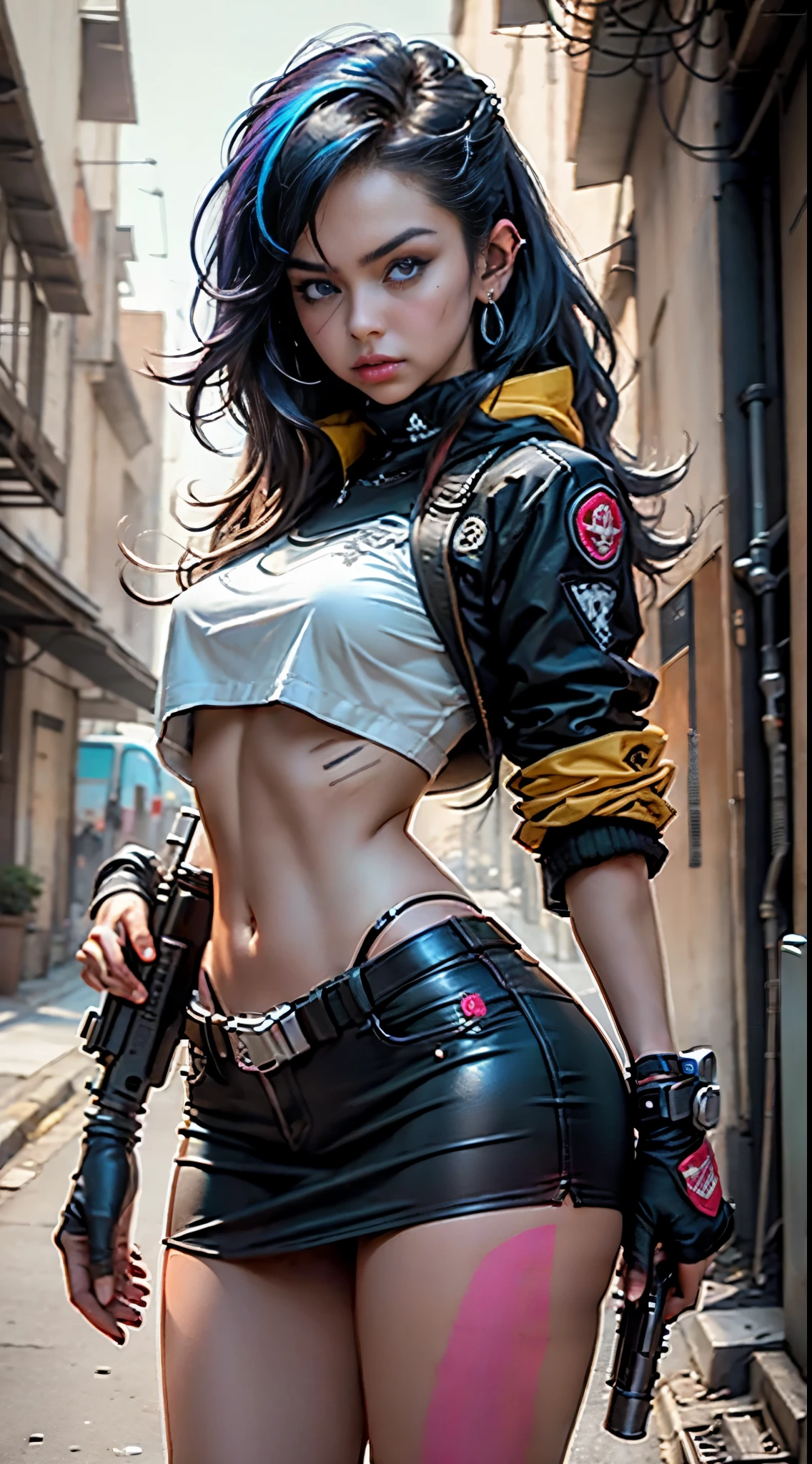 motor irreal:1.4,CG ultra realista 64K, fotorrealista:1.4, textura de la piel:1.4, obra maestra:1.4,posing behind Beautiful woman holding gun, ak-47, assault rifle, kalashnikov rifle, trigger_discipline, low-ready with babydoll lingerie、Ropa corta estilo cyberpunk color amarillo, pantimedias red , Mini falda azul,